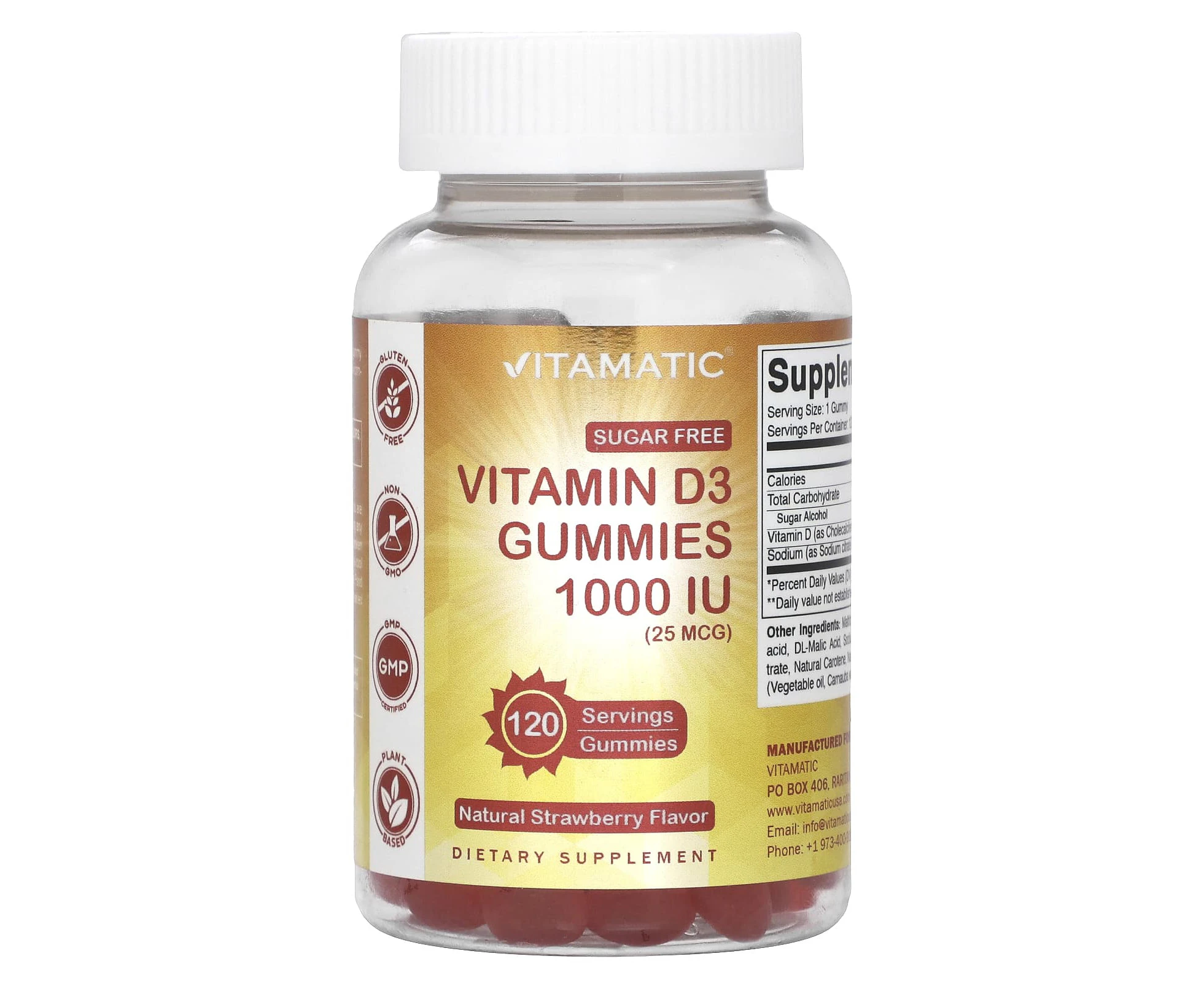 Vitamatic, Vitamin D3 Gummies, Natural Strawberry, 1,000 IU (25 mcg), 120 Gummies