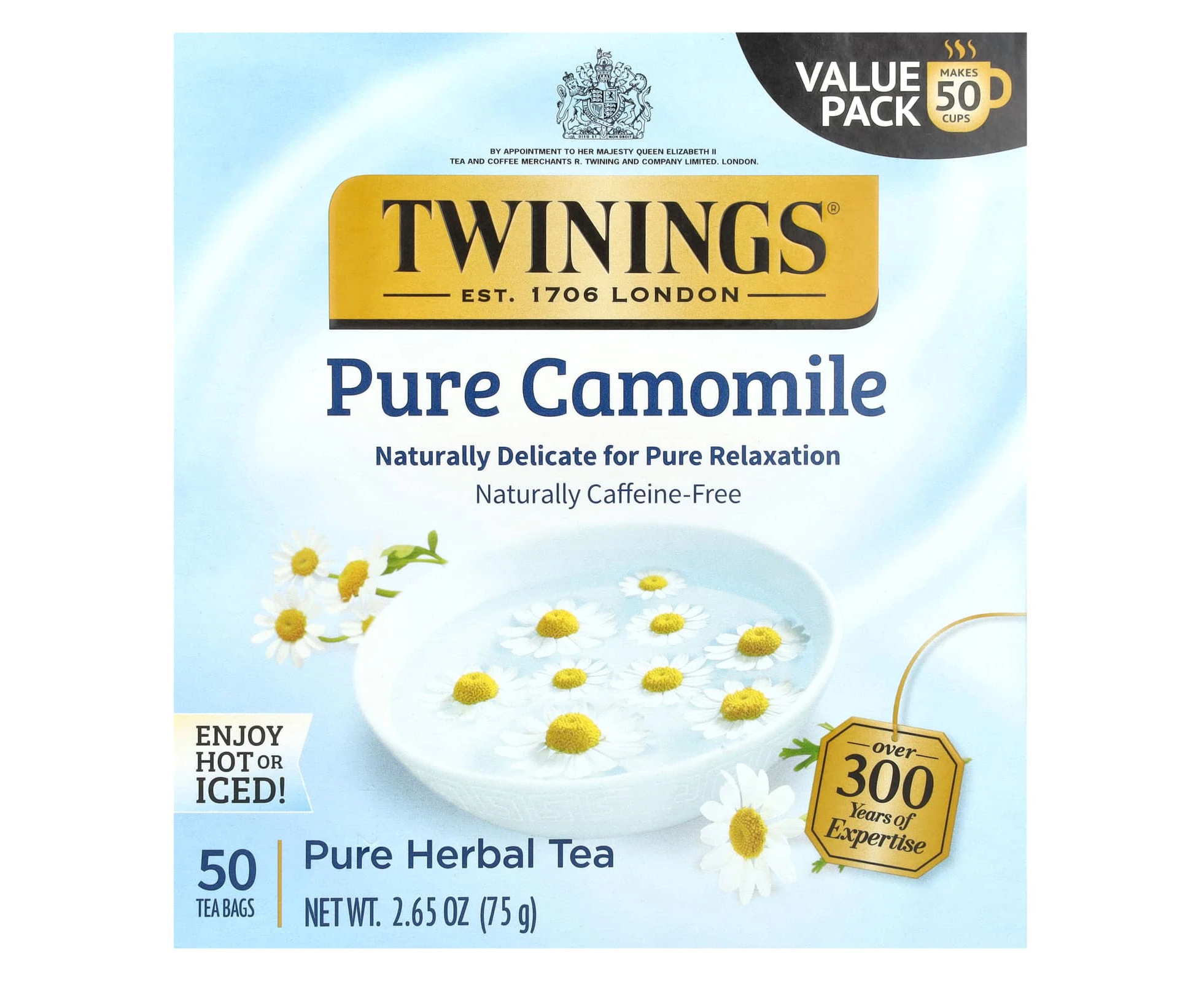 Twinings, Pure Herbal Tea, Pure Camomile, Caffeine Free, 50 Tea Bags, 2.65 oz (75 g)