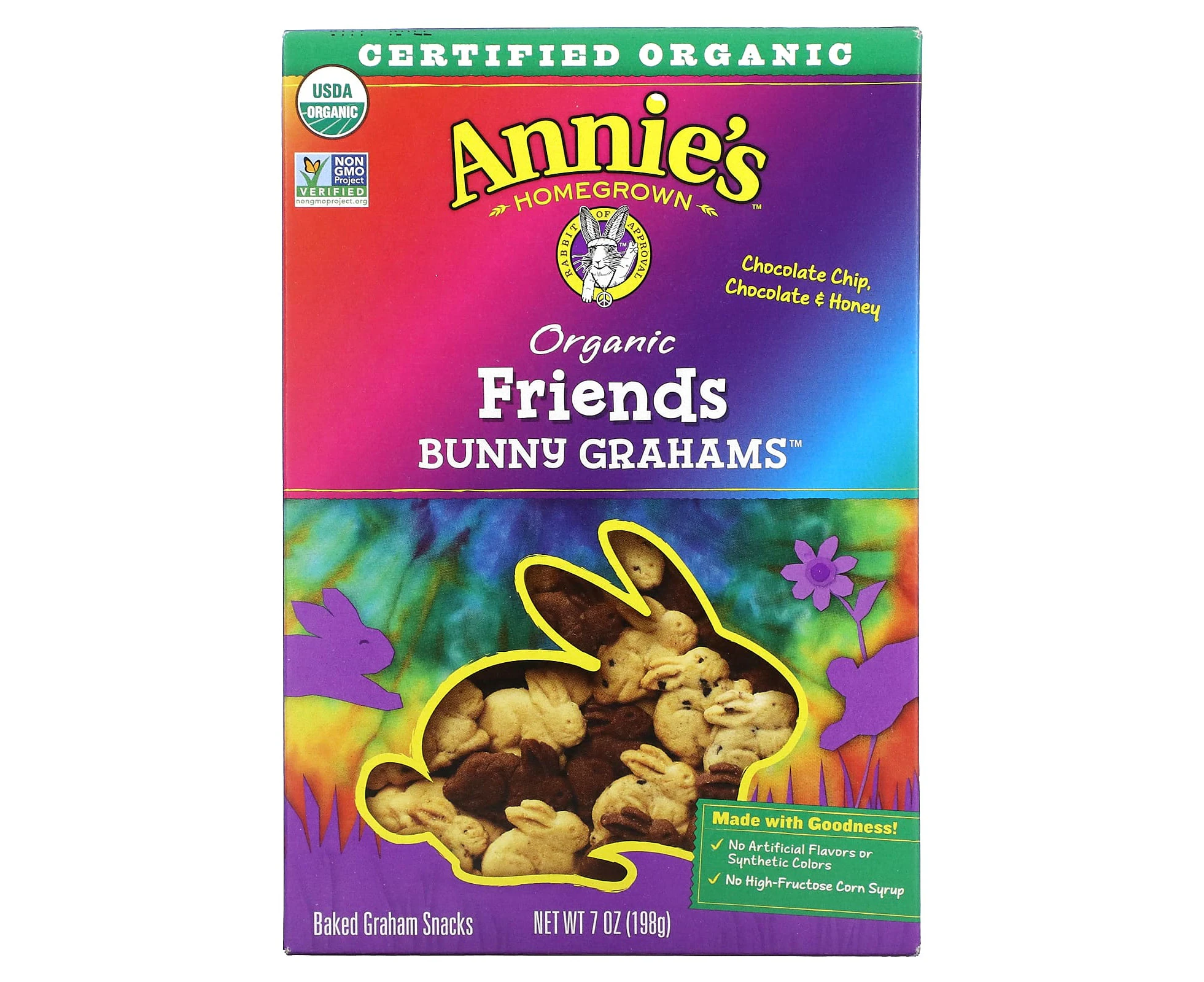 Annie's Homegrown, Organic Friends Baked Bunny Graham Snacks, Chocolate Chip, Chocolate & Honey, 7 oz (198 g)