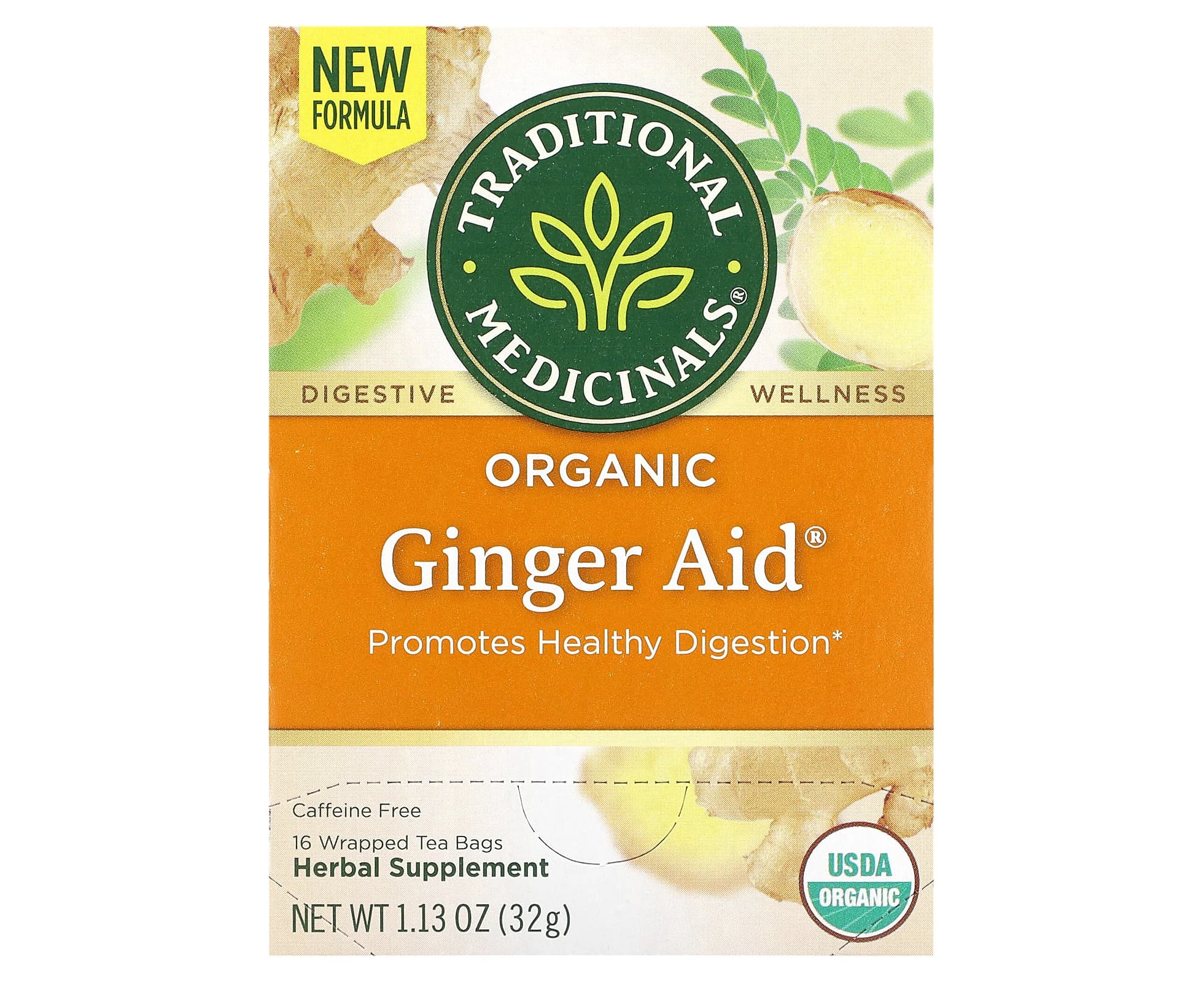 Traditional Medicinals, Organic Ginger Aid, Caffeine Free, 16 Wrapped Tea Bags, 1.13 oz (32 g)