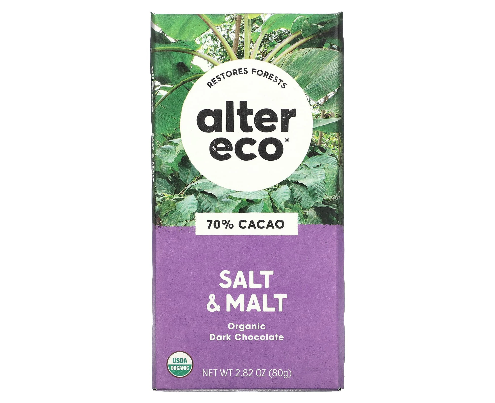 Alter Eco, Organic Dark Chocolate Bar, Salt & Malt, 70% Cacao, 2.82 oz (80 g)