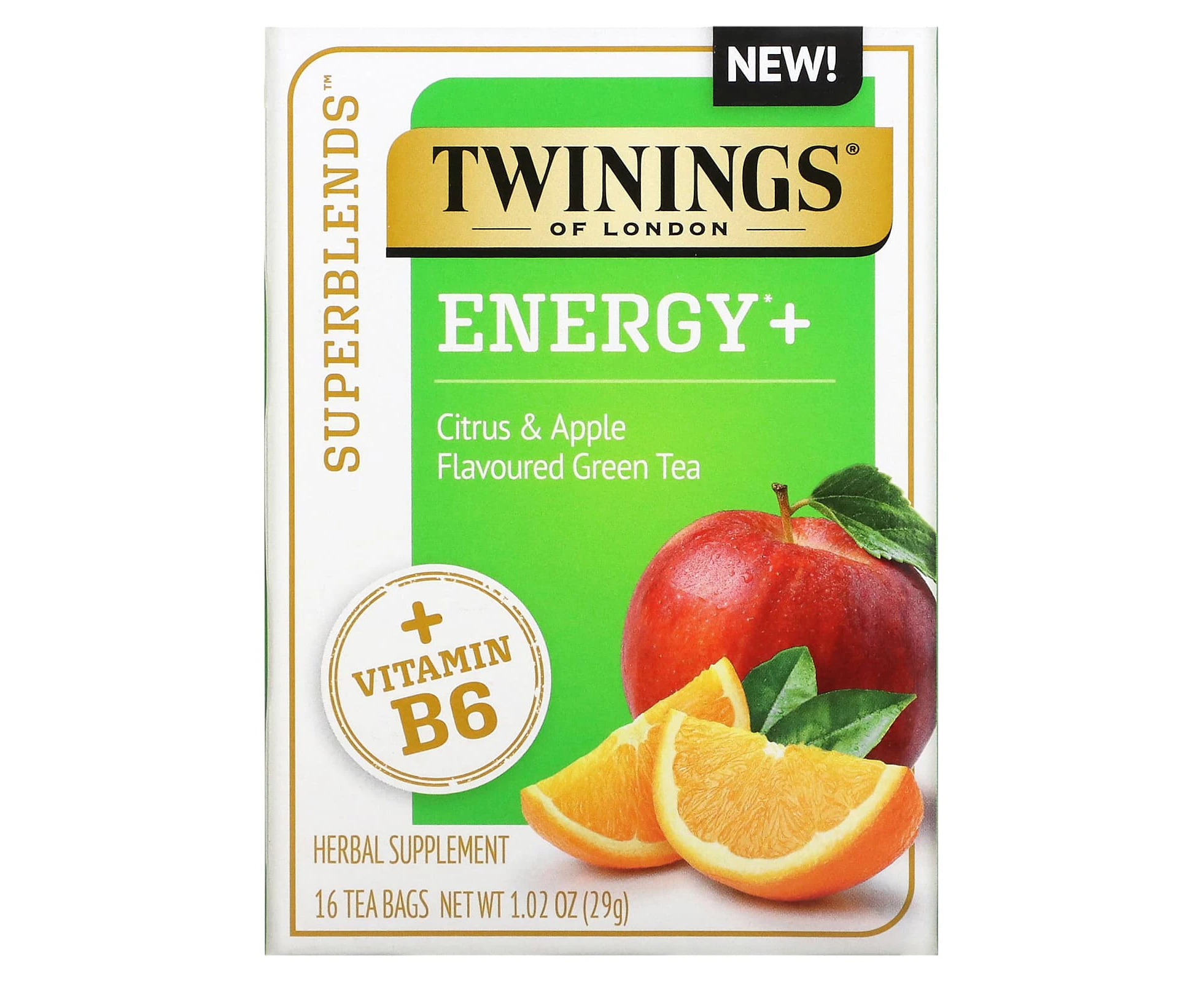 Twinings, Energy+ Green Tea, Citrus & Apple, 16 Tea Bags 1.02 oz (29 g)