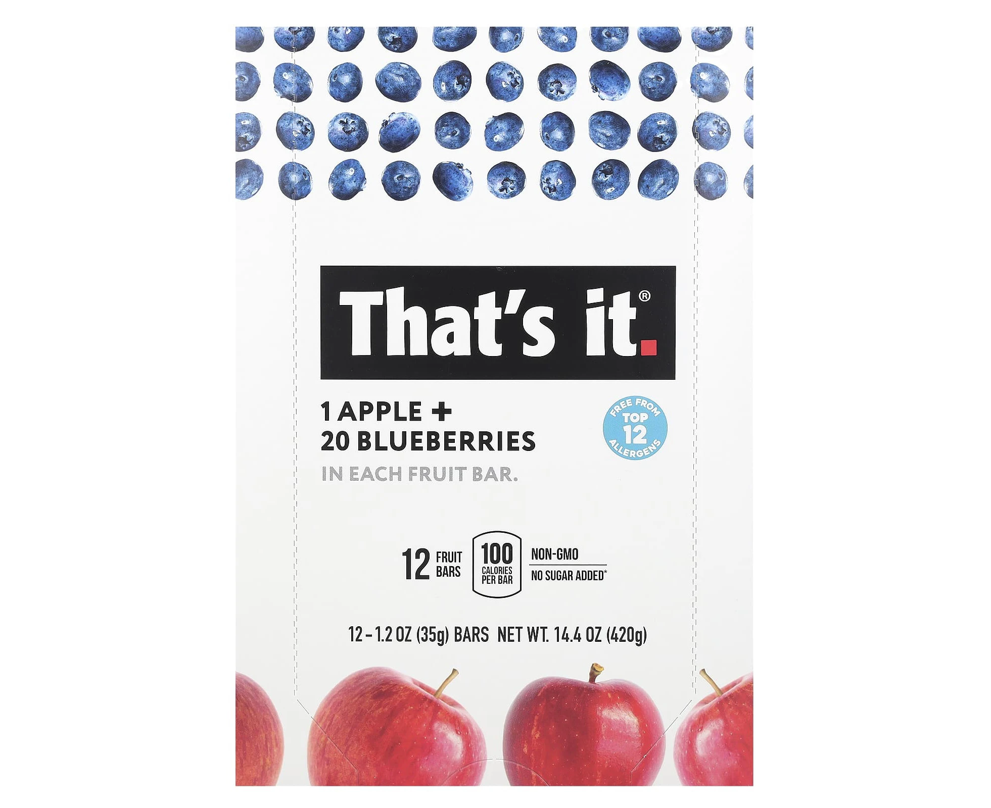 That's It, Fruit Bars, Apple + Blueberries, 12 Bars, 1.2 oz (35 g) Each