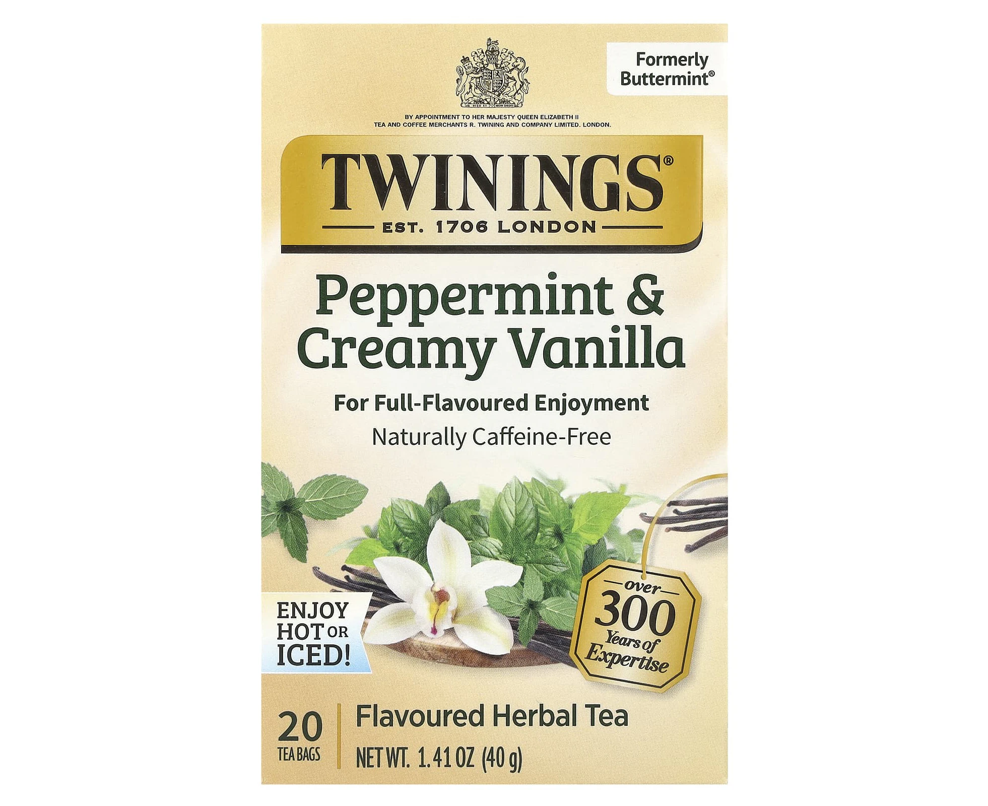 Twinings, Flavored Herbal Tea, Peppermint & Creamy Vanilla, Caffeine Free, 20 Tea Bags, 1.41 oz (40 g)