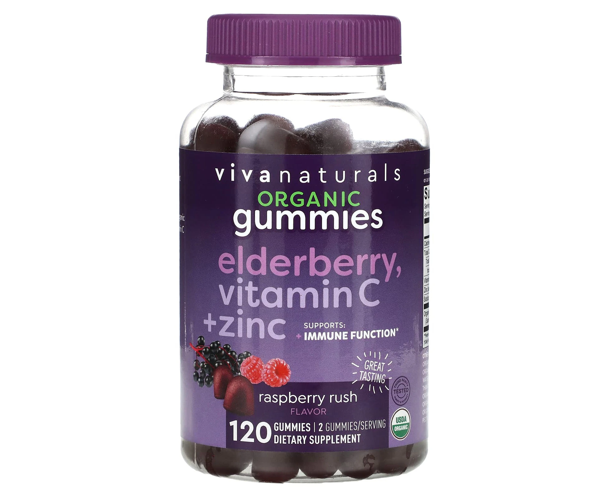 Viva Naturals, Organic Elderberry, Vitamin C + Zinc, Raspberry Rush, 120 Gummies