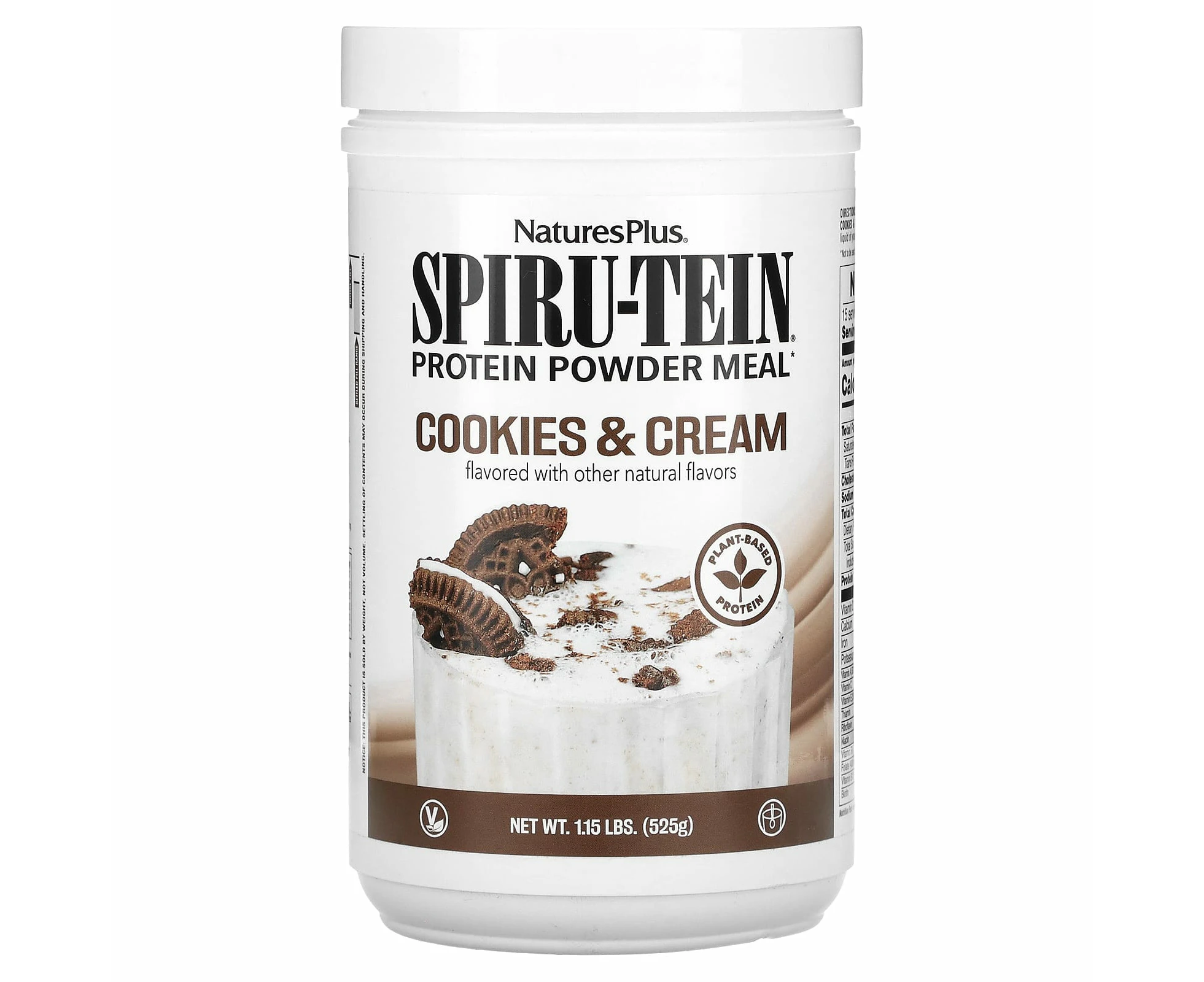 NaturesPlus, Spiru-Tein, Protein Powder Meal, Cookies & Cream, 1.15 lbs (525 g)