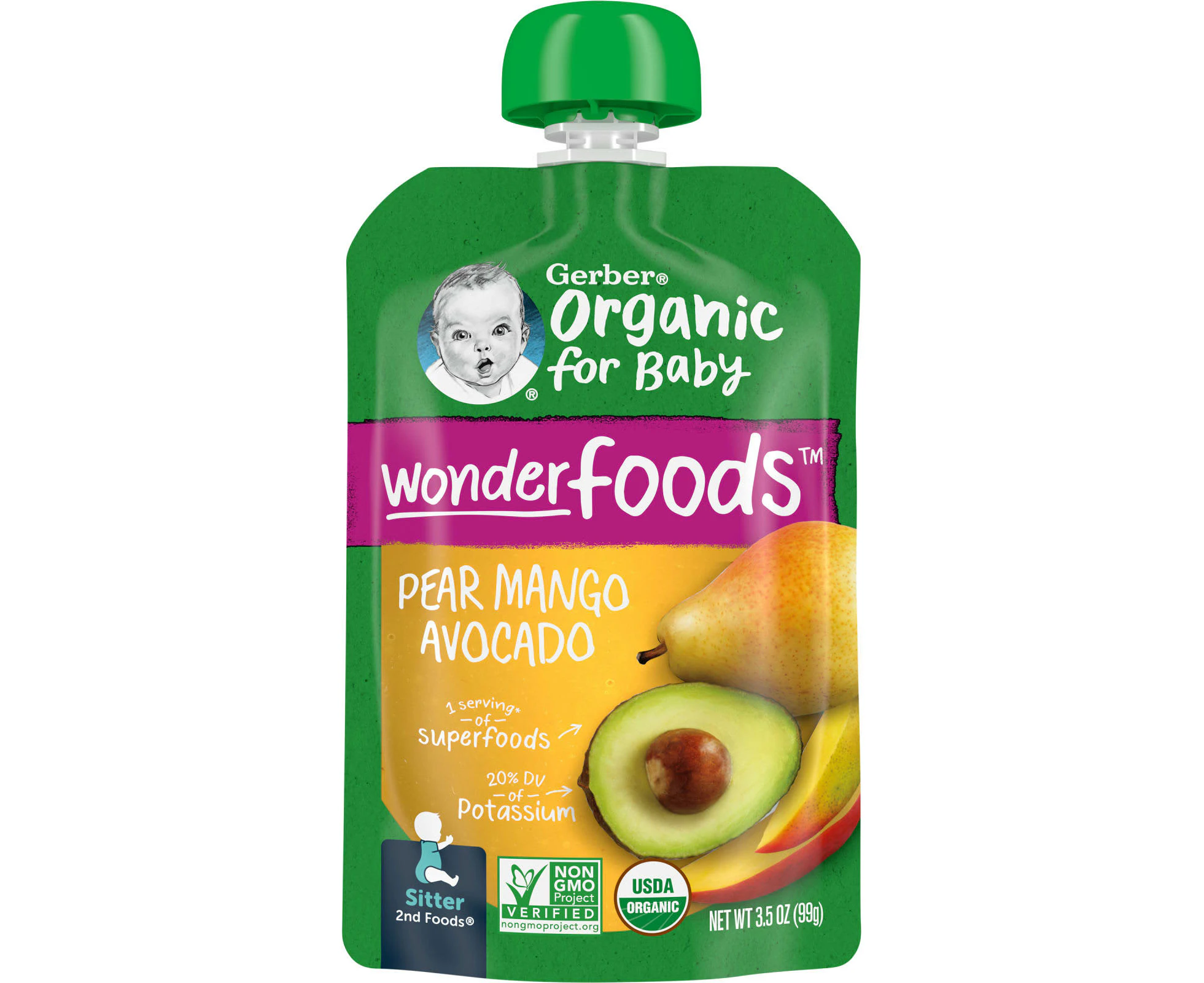 Gerber, Organic for Baby, Wonderfoods, 2nd Foods, Pear, Mango, Avocado, 3.5 oz (99 g)