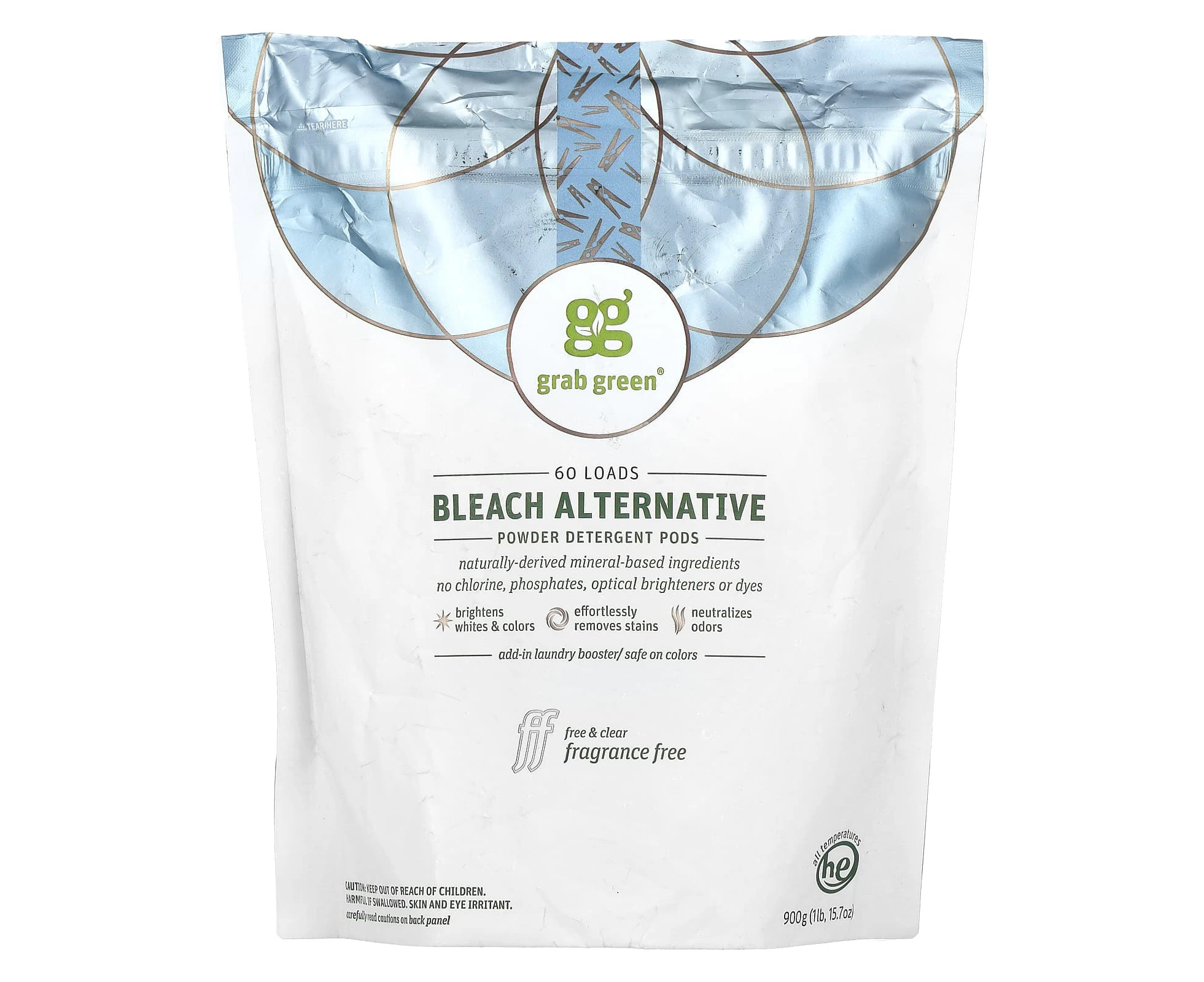 Grab Green, Bleach Alternative, Powder Detergent Pods, Fragrance Free, 60 Loads, 1 lb 15.7 oz (900 g)