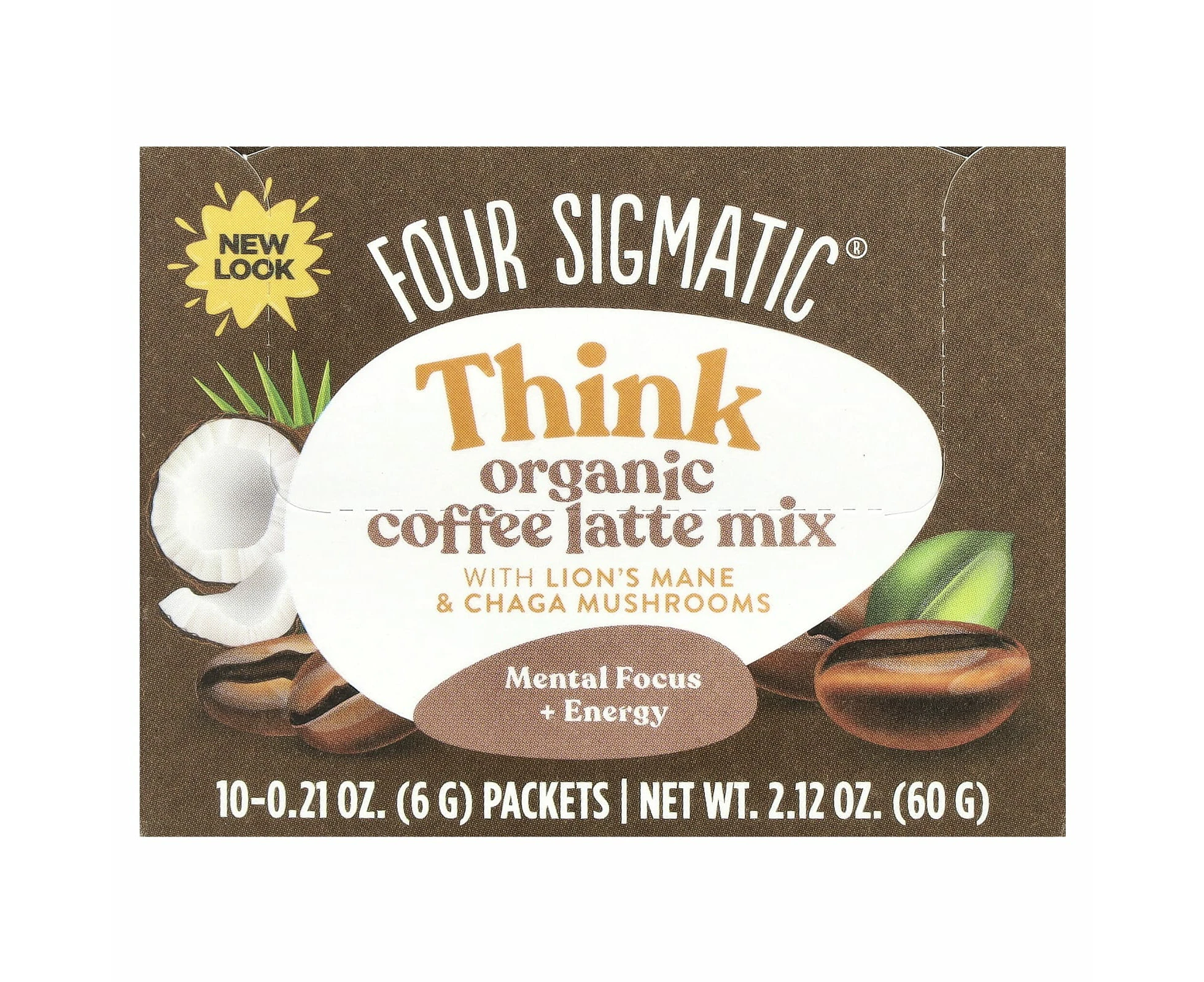 Four Sigmatic, Think, Organic Coffee Latte Mix with Lion's Mane & Chaga Mushrooms, 10 Packets, 0.21 oz (6 g) Each