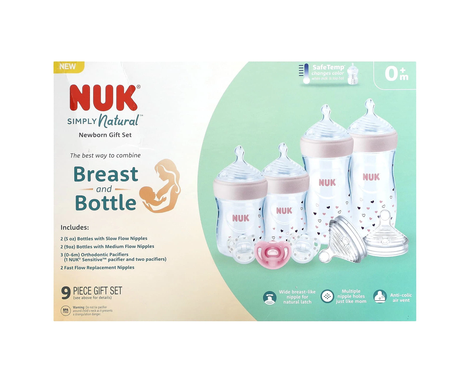 NUK, Simply Natural Bottle with SafeTemp, Newborn Gift Set, 0+ Months, 9 Pieces