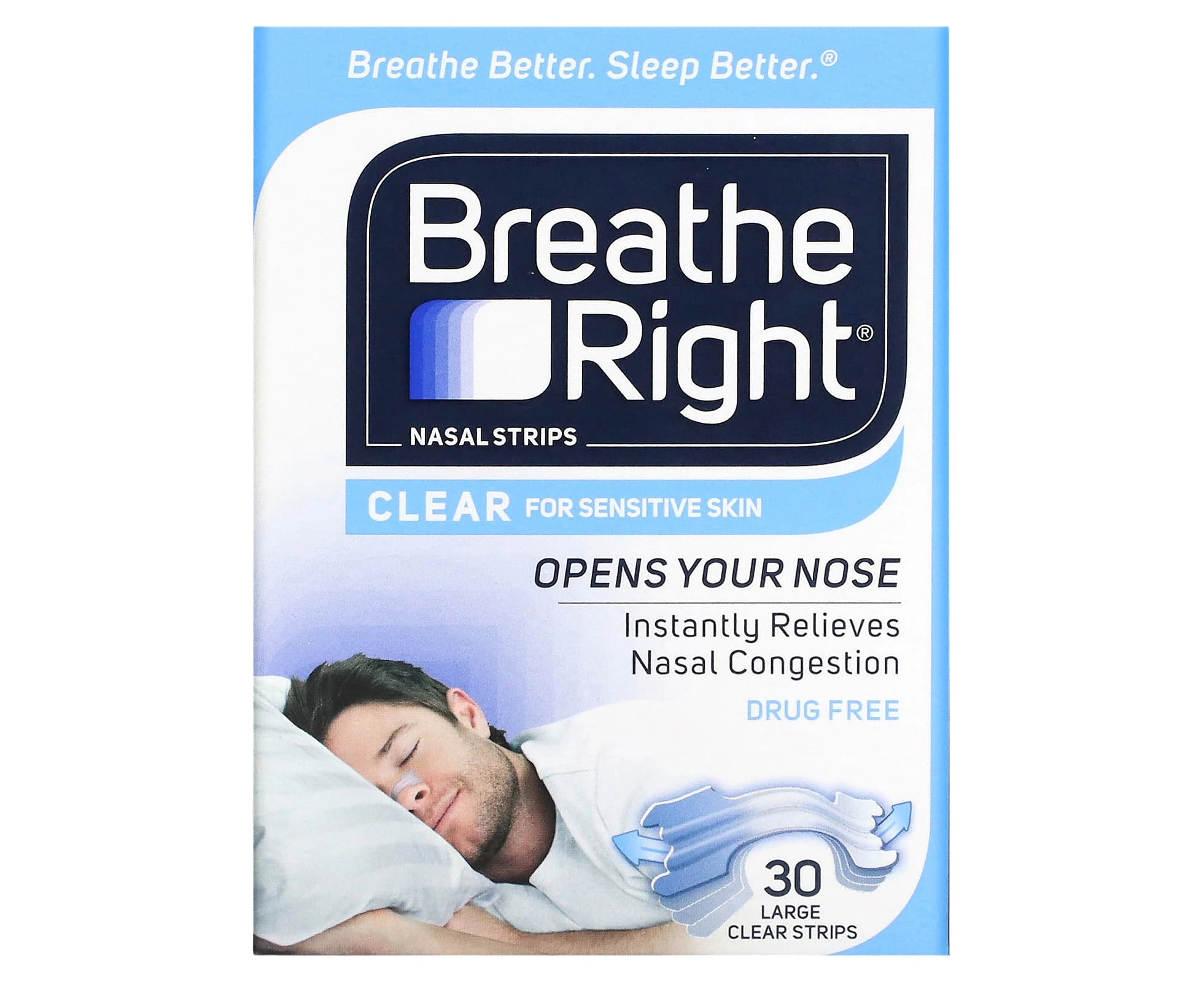 Breathe Right, Nasal Strips, Clear For Sensitive Skin, Large, 30 Clear Strips