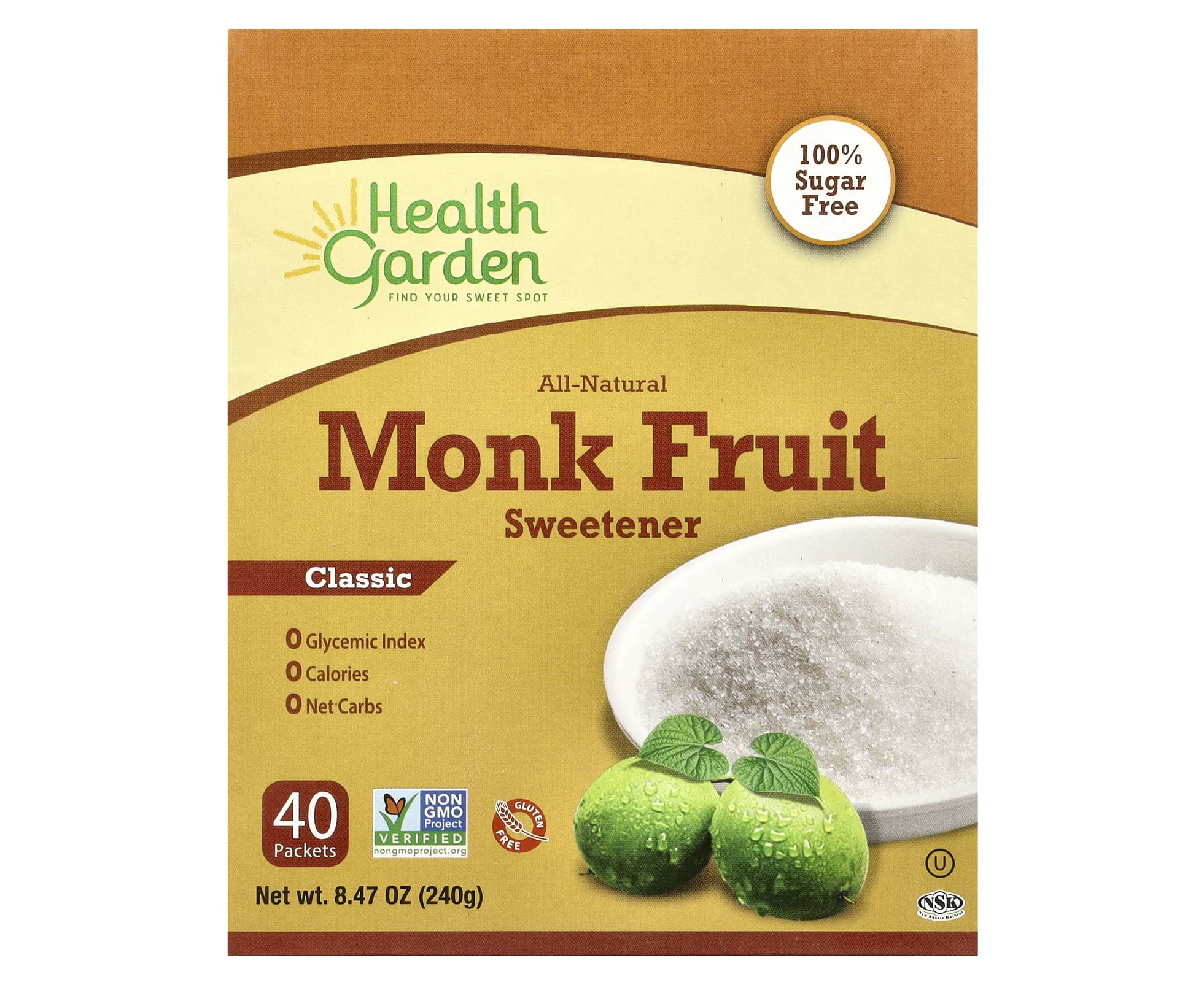 Health Garden, All-Natural Monk Fruit Sweetener, Classic, 40 Packets, 0.21 oz (6 g) Each