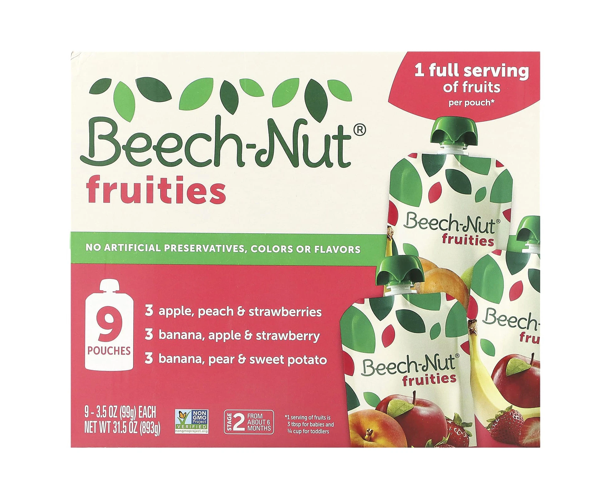 Beech-Nut, Fruities, 6+ Months, Variety Pack, 9 Pouches, 3.5 oz (99 g) Each