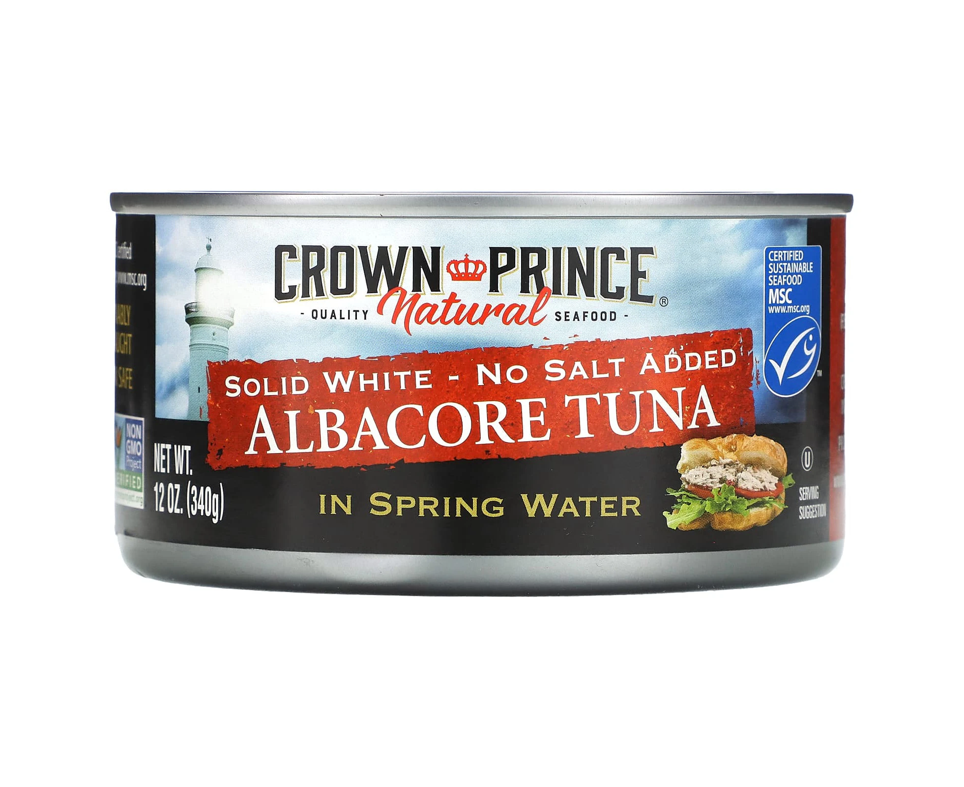 Crown Prince Natural, Albacore Tuna, Solid White - No Salt Added, In Spring Water, 12 oz (340 g)