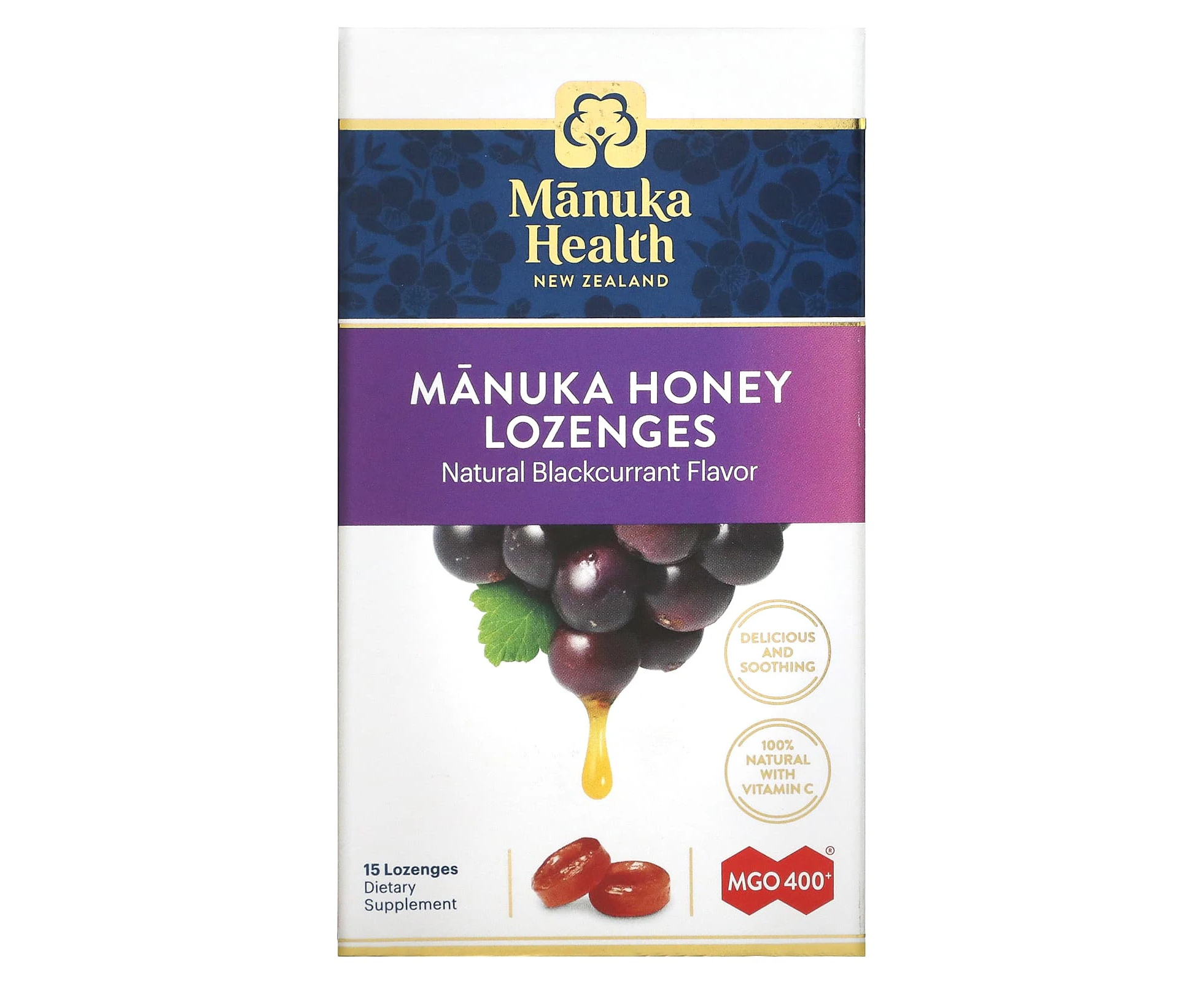 Manuka Health, Manuka Honey Lozenges, Natural Blackcurrant, MGO 400+, 15 Lozenges