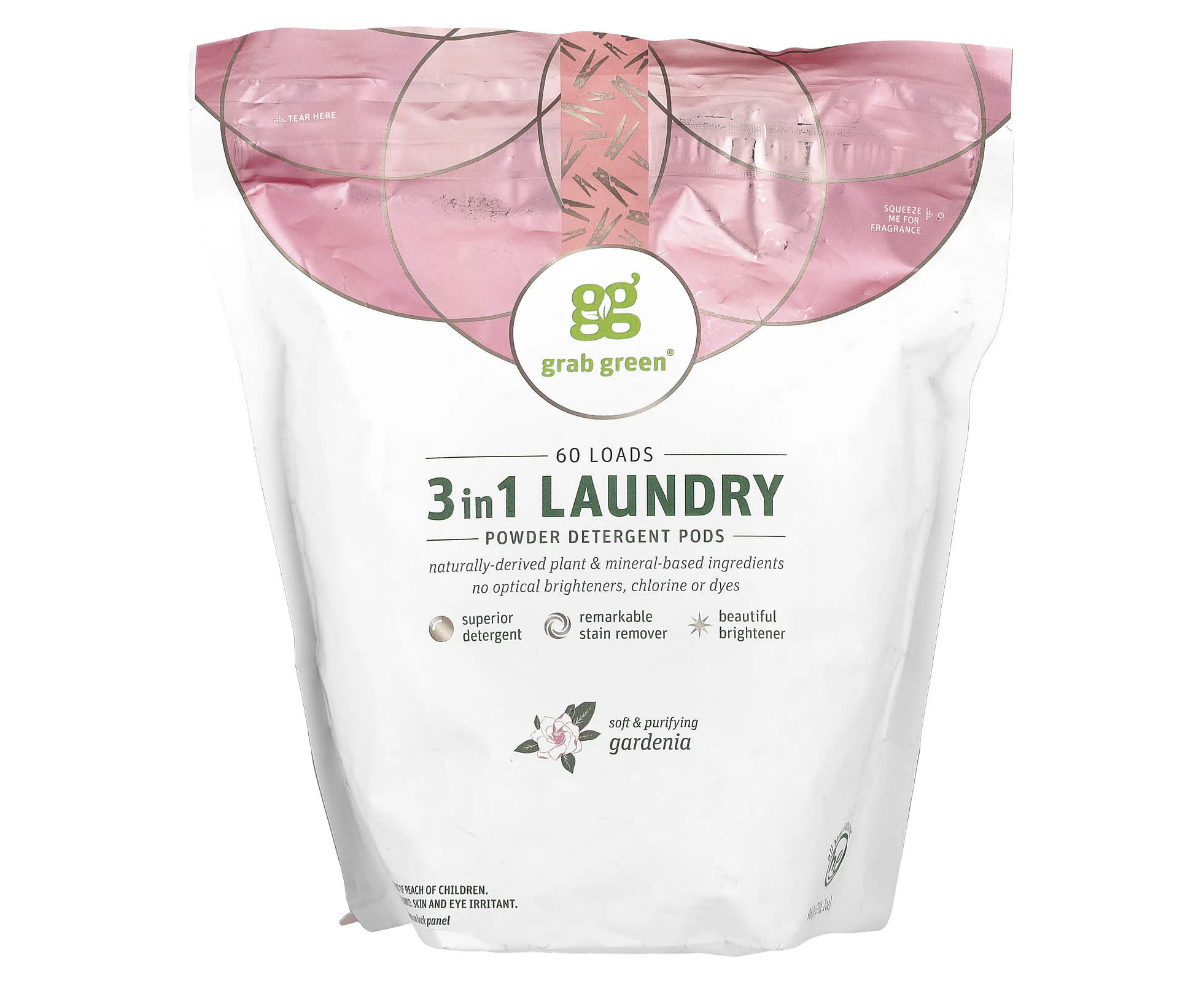 Grab Green, 3-in-1 Laundry Powder Detergent Pods, Gardenia, 60 Loads, 2 lbs 2 oz (960 g)