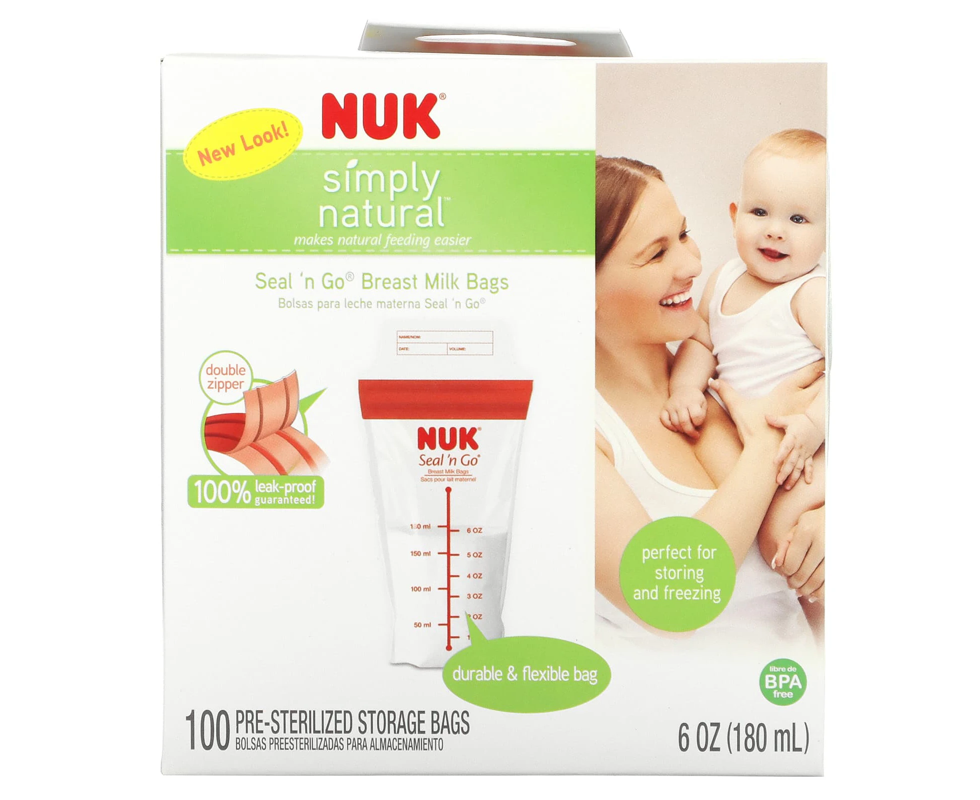 NUK, Seal 'n Go, Breast Milk Bags, 100 Pre-Sterilized Storage Bags, 6 oz (180 ml) Each