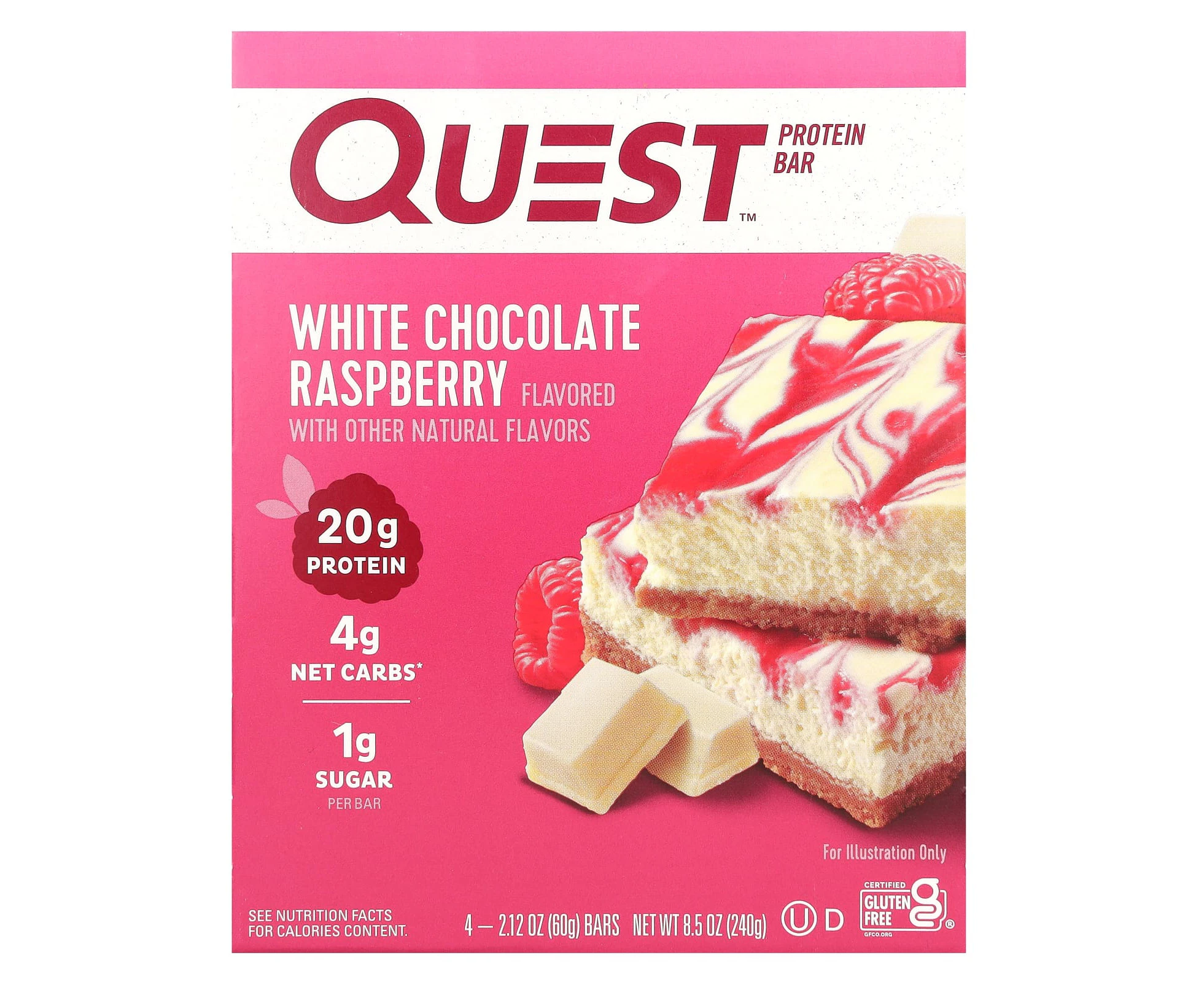 Quest Nutrition, Protein Bar, White Chocolate Raspberry, 4 Bars, 2.12 oz (60 g) Each