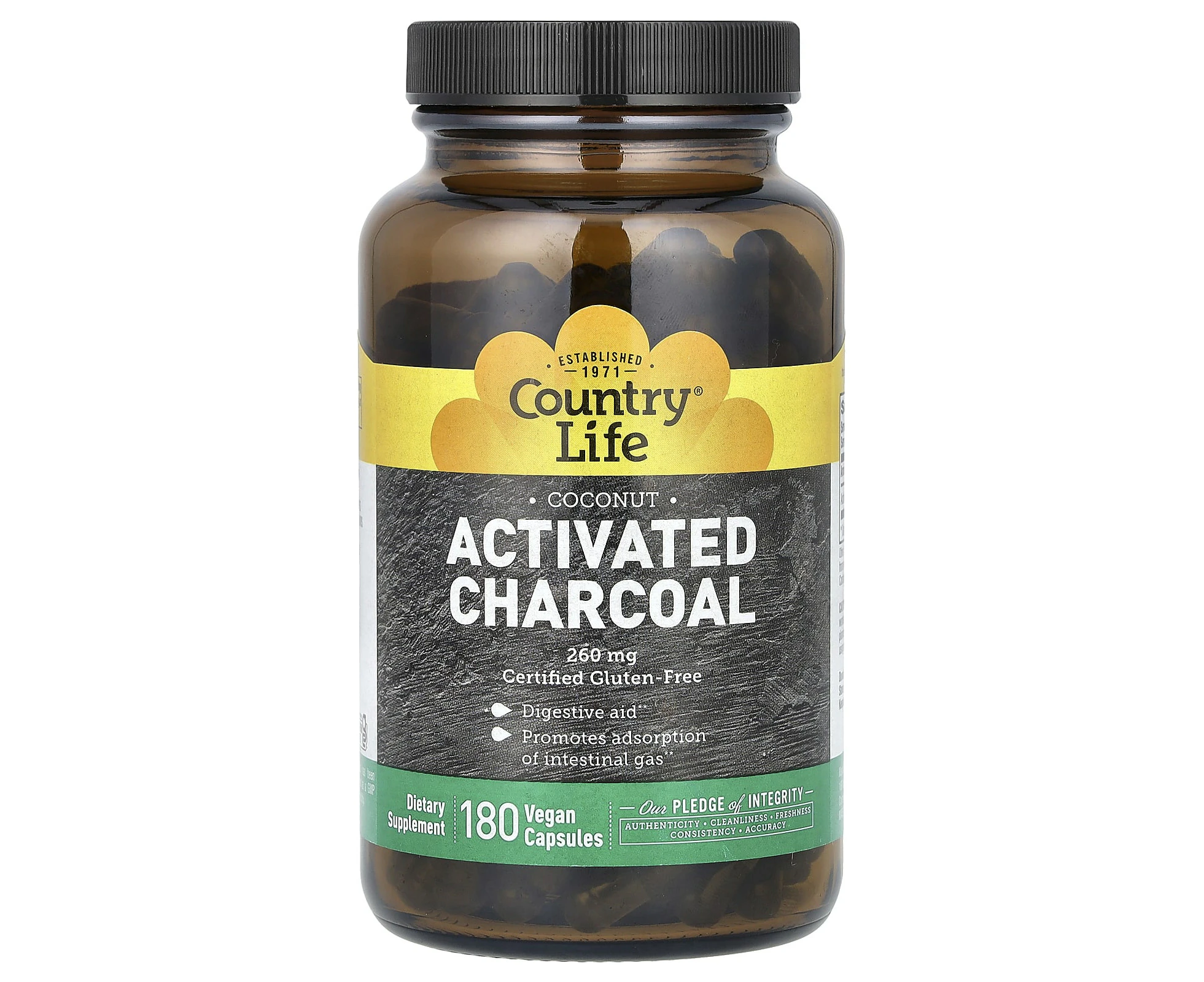 Country Life, Activated Charcoal, Coconut, 520 mg, 180 Vegan Capsules (260 mg per Capsule)