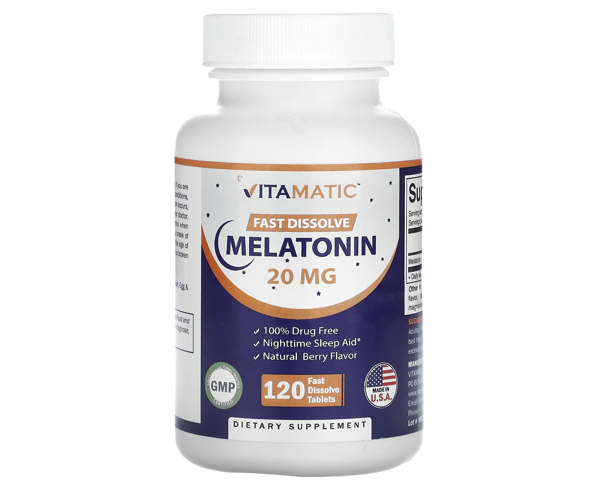 Vitamatic, Fast Dissolve Melatonin, Natural Berry, 20 mg, 120 Fast Dissolve Tablets