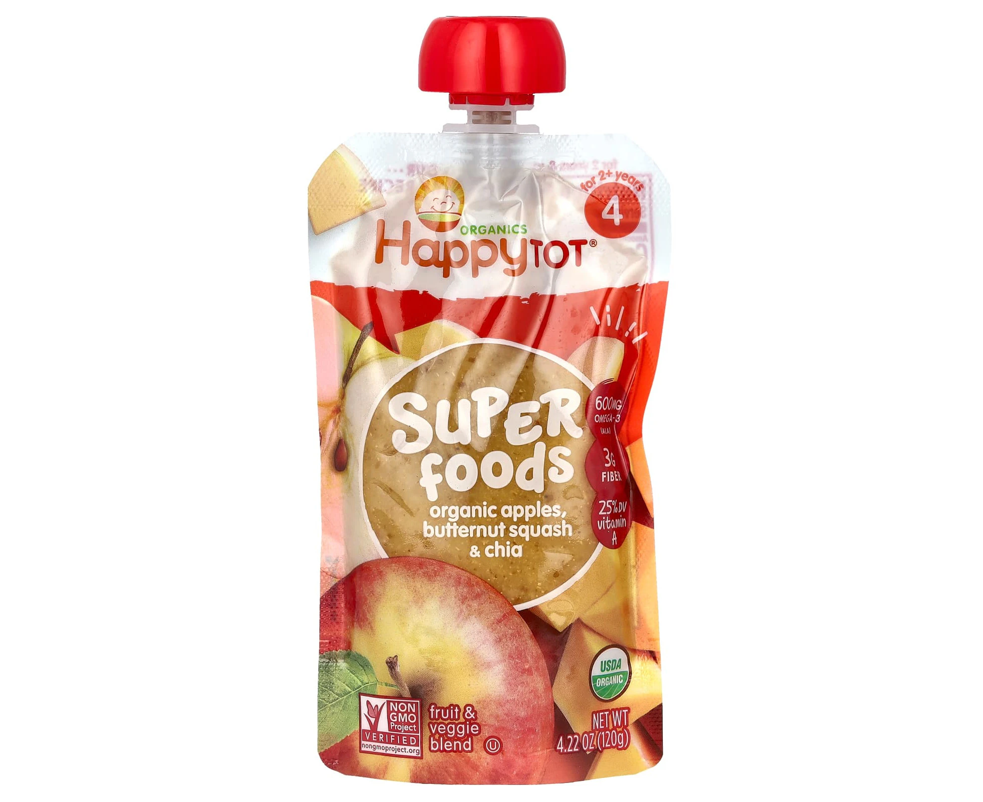 Happy Family Organics, Happy Tot, Superfoods, For 2+ Years, Organic Apples, Butternut Squash, & Chia, 4.22 oz (120 g)