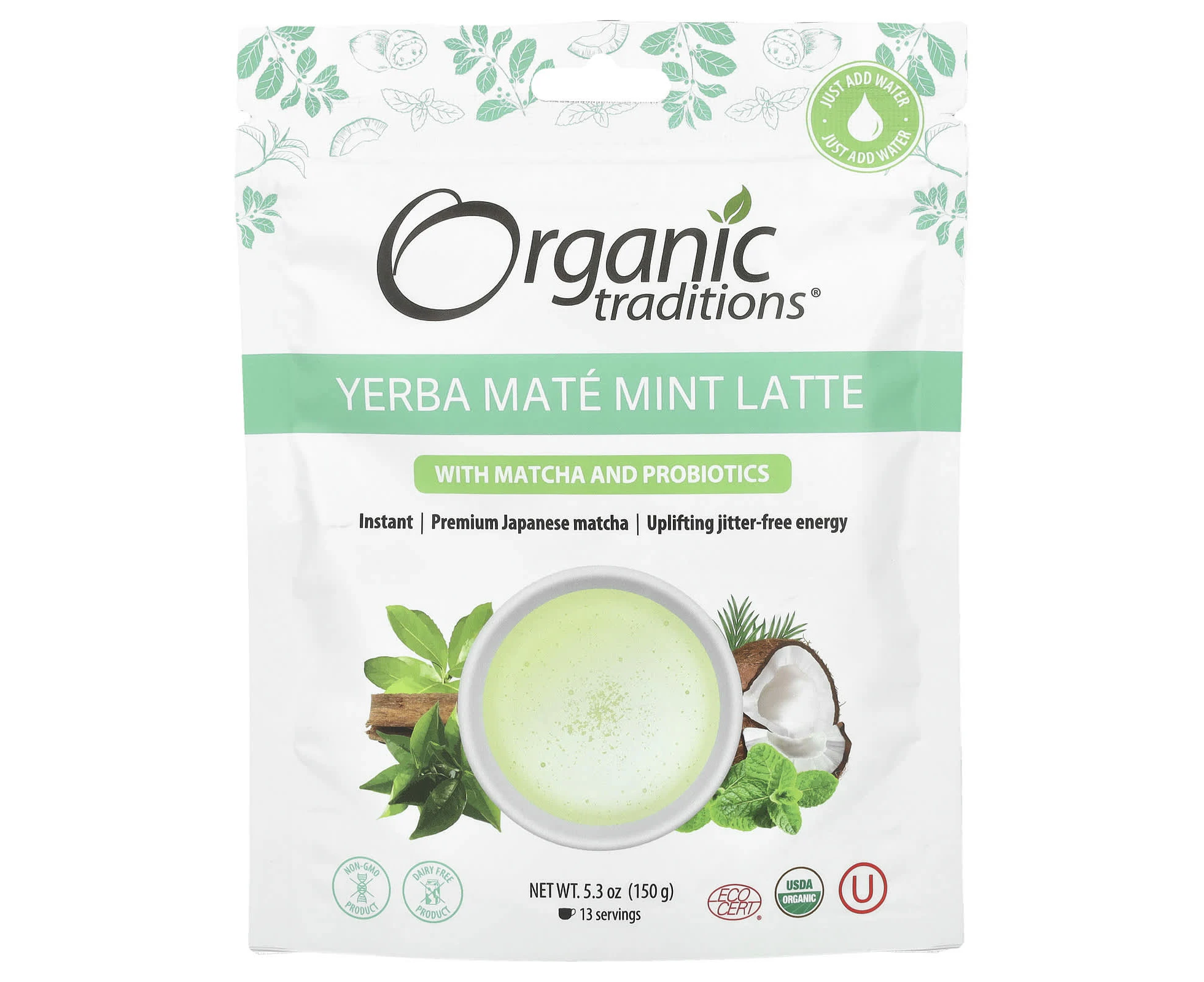 Organic Traditions, Yerba Mate Mint Latte with Matcha and Probiotics, 5.3 oz (150 g)