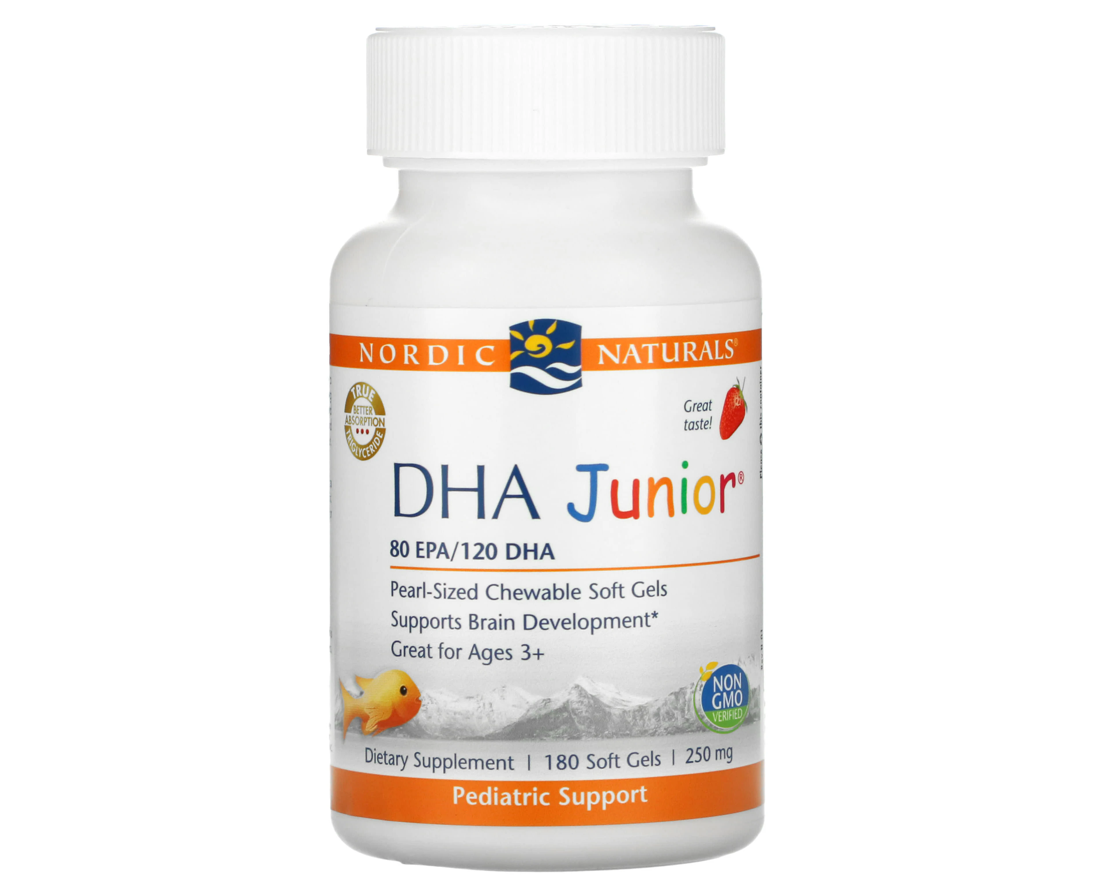 Nordic Naturals, DHA Junior, Great for Ages 3+, Strawberry, 250 mg, 180 Soft Gels (62.5 mg per Soft Gel)