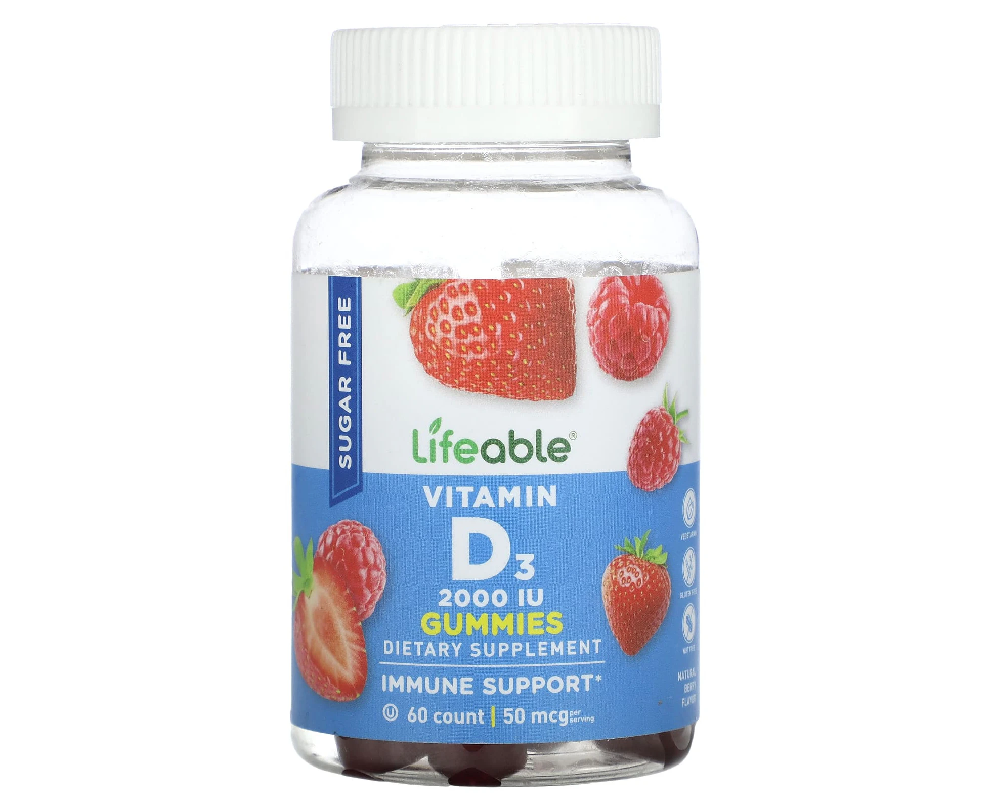 Lifeable, Vitamin D3 Gummies, Sugar Free, Natural Berry, 2,000 IU, 60 Gummies (25 mcg (1,000 IU) per Gummy)