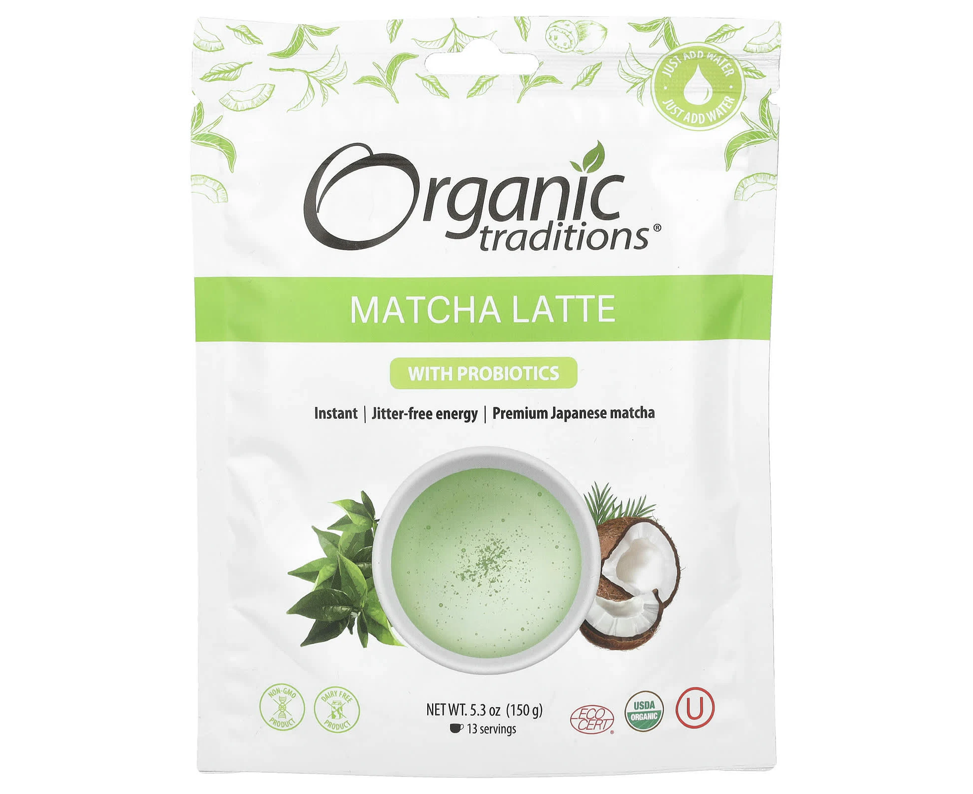 Organic Traditions, Matcha Latte with Probiotics, 5.3 oz (150 g)