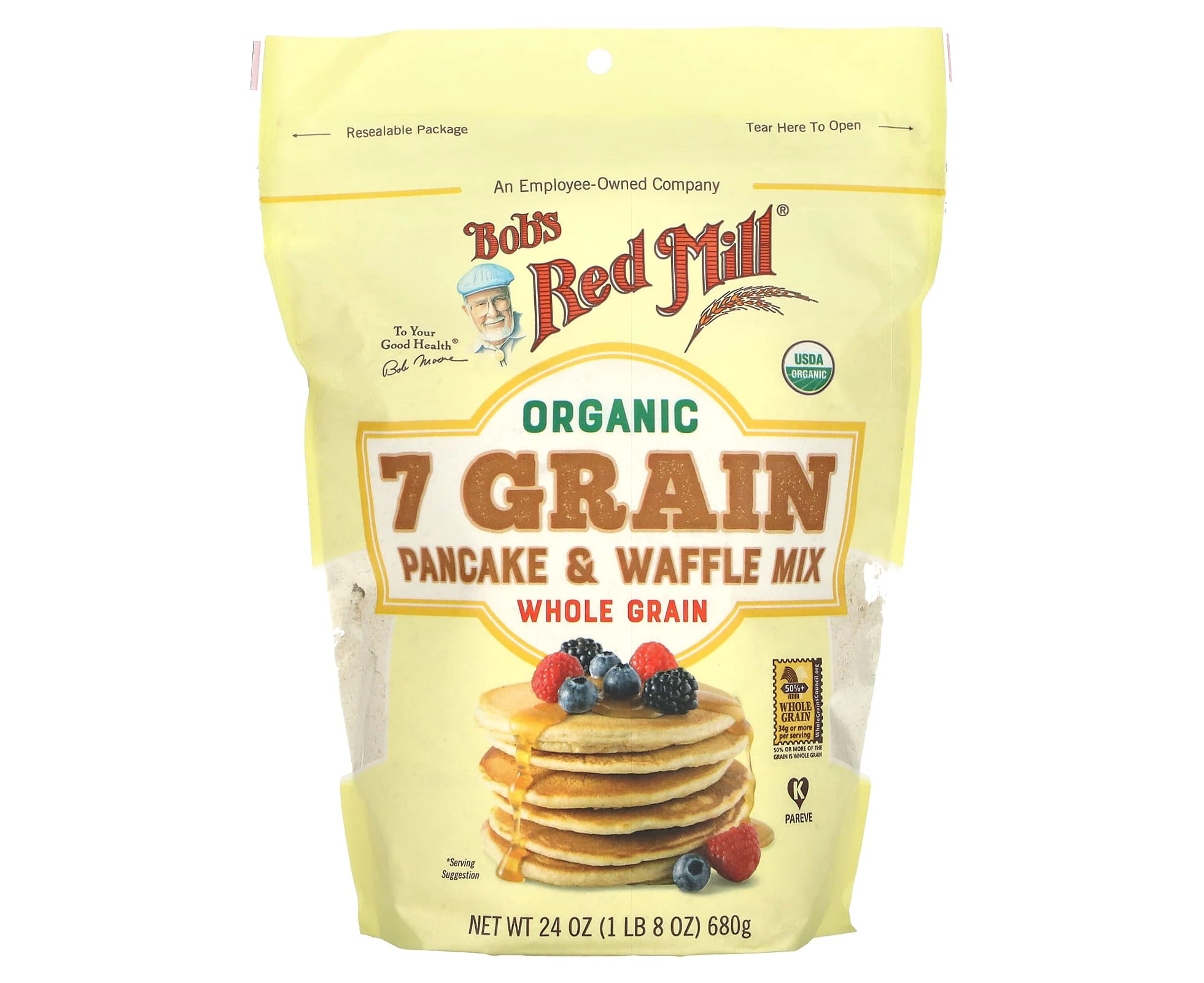 Bob's Red Mill, Organic 7 Grain Pancake & Waffle Mix, Whole Grain, 24 oz (680 g)