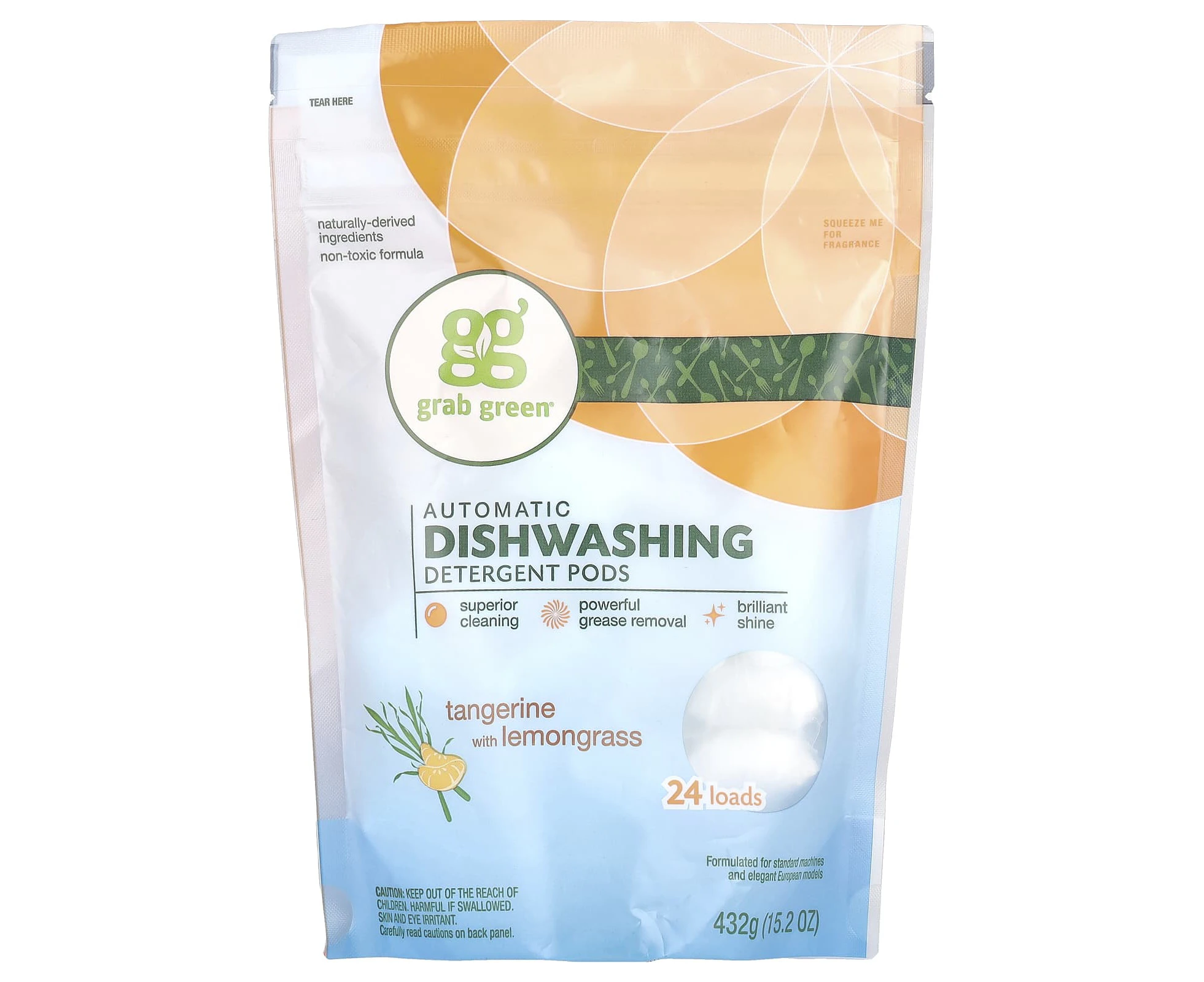 Grab Green, Automatic Dishwashing Detergent Pods, Tangerine with Lemongrass, 24 Loads, 15.2 oz (432 g)