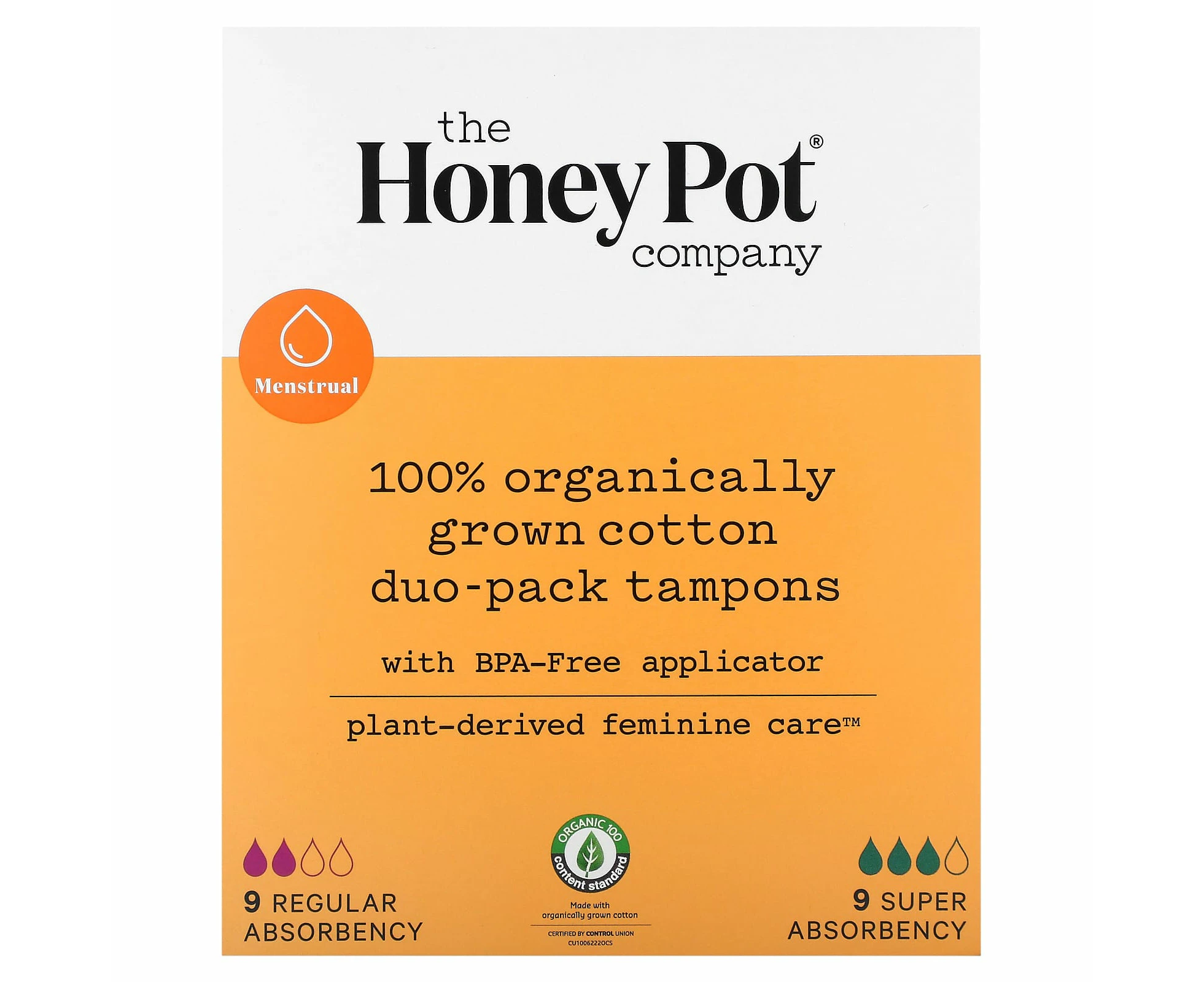 The Honey Pot Company, 100% Organically Grown Cotton Duo-Pack Tampons, Regular and Super Absorbency , 18 Count