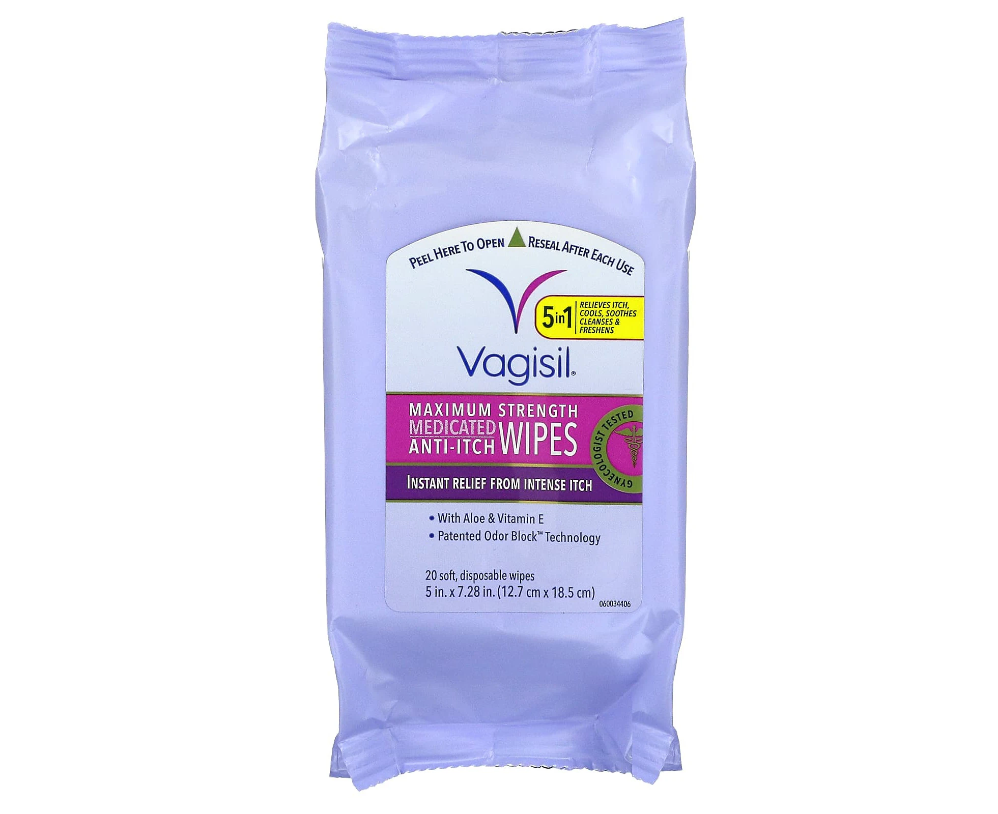 Vagisil, Medicated Anti-Itch Wipes, Maximum Strength, 20 Soft, Disposable Wipes, 5 in. x 7.28 in