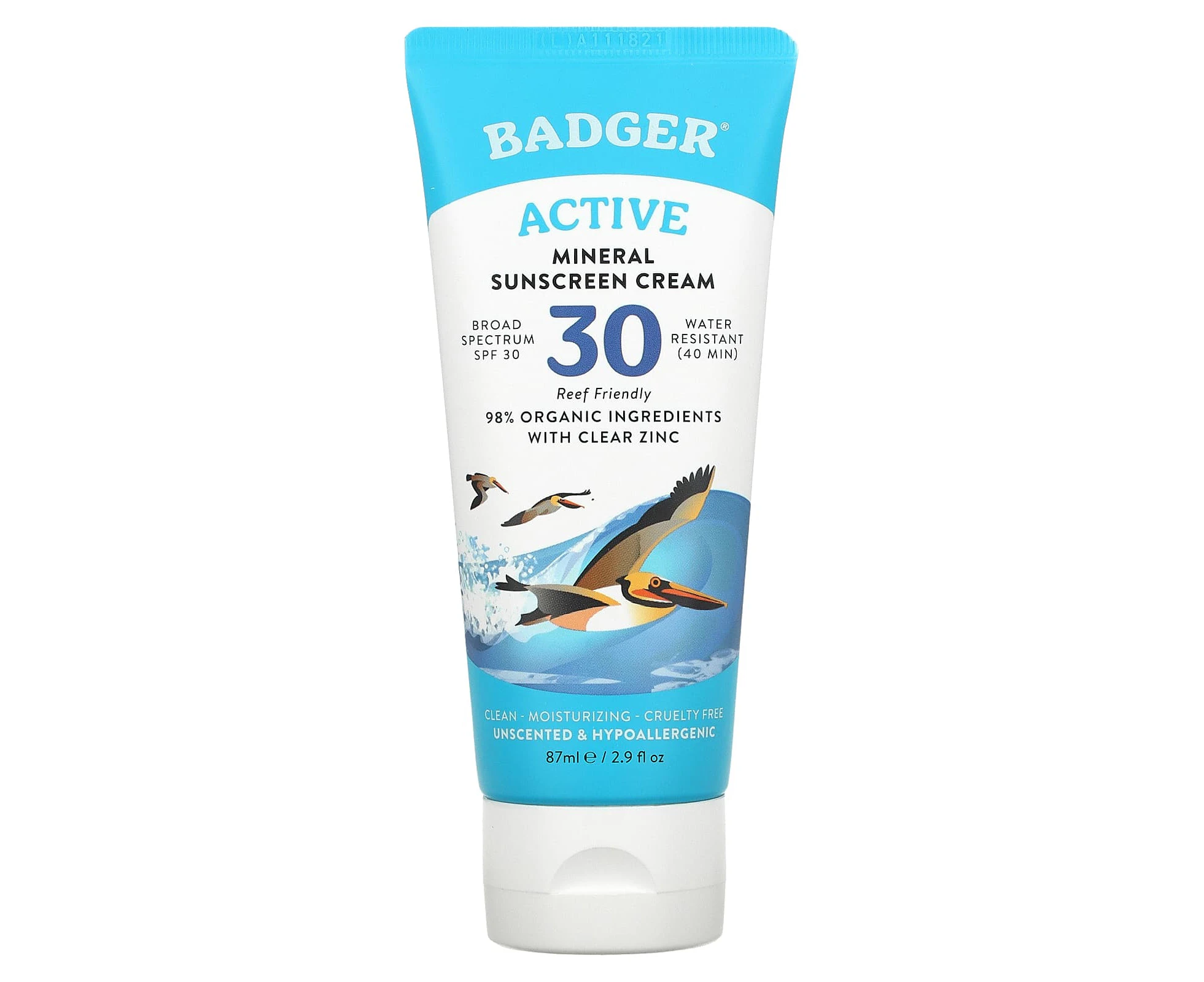 Badger, Active, Mineral Sunscreen Cream, SPF 30, Unscented, 2.9 fl oz (87 ml)