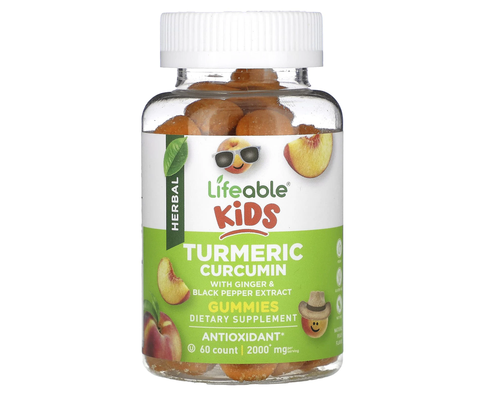 Lifeable, Kids Turmeric Curcumin Gummies, Natural Peach, 2,000 mg, 60 Gummies (1,000 mg per Gummy)