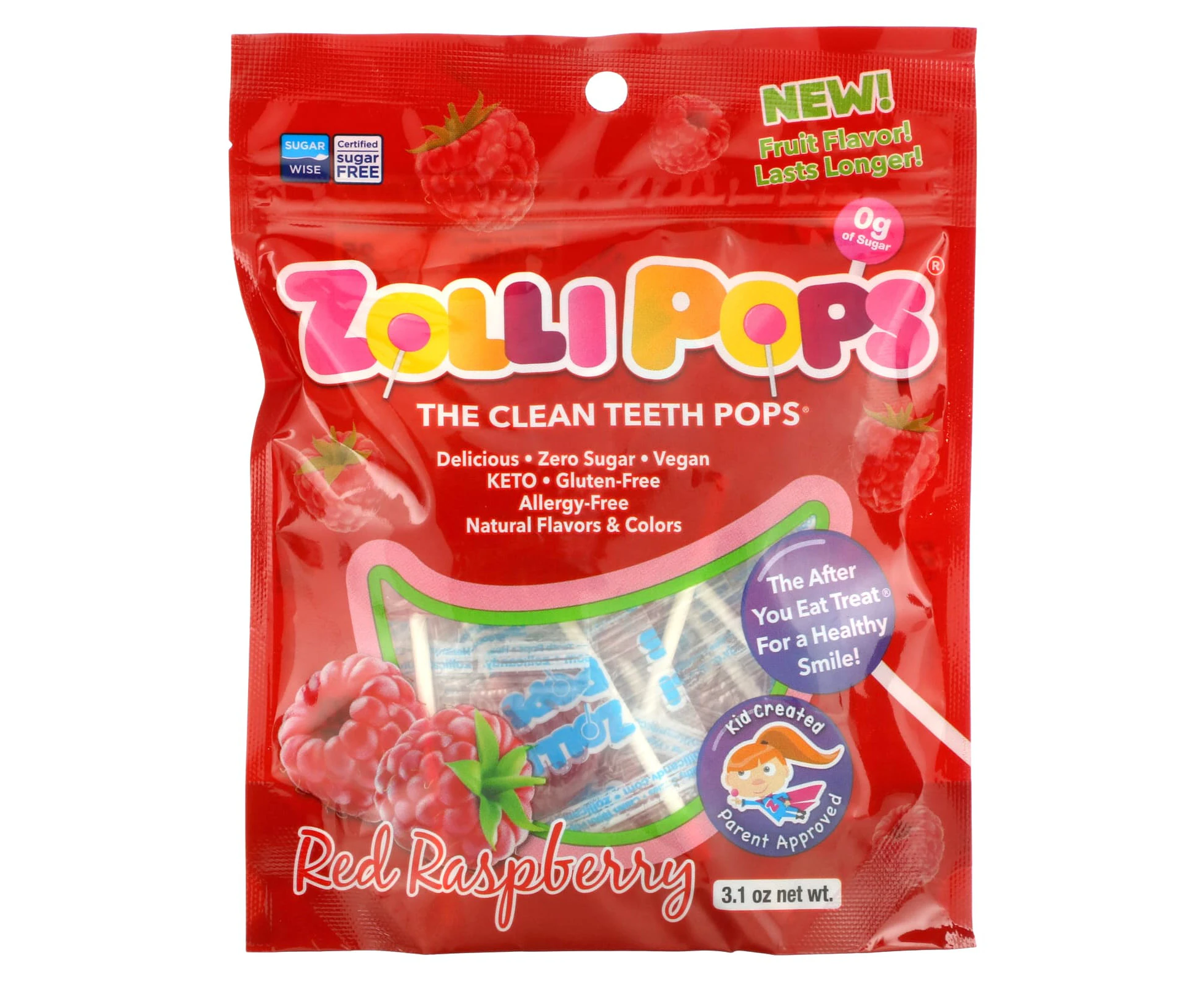 Zollipops, The Clean Teeth Pops, Red Raspberry, 3.1 oz