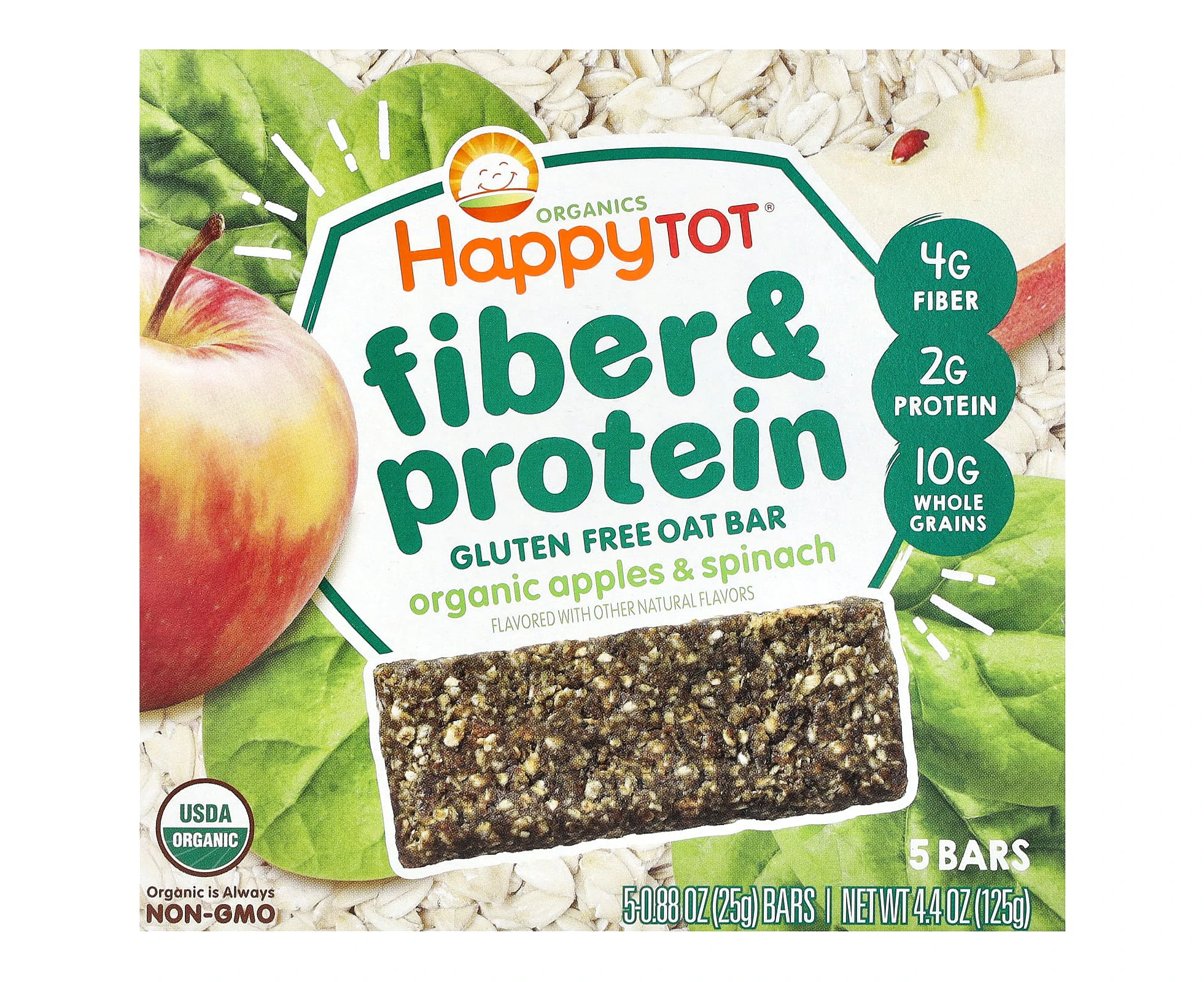 Happy Family Organics, Happy Tot, Fiber & Protein Gluten Free Oat Bar, For 2 Years & Up, Organic Apples & Spinach, 5 Bars, 0.88 oz (25 g) Each