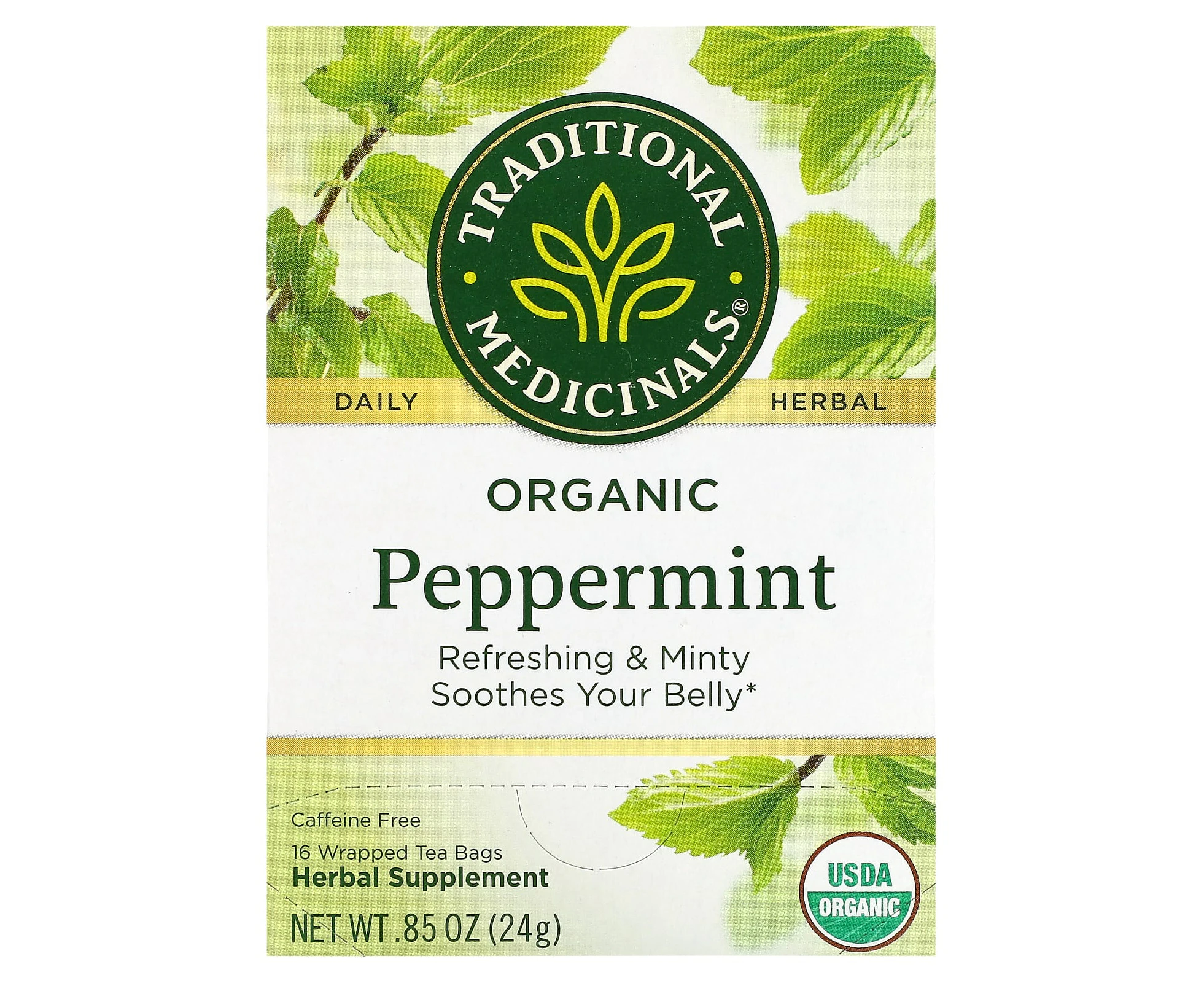 Traditional Medicinals, Organic Peppermint, Caffeine Free, 16 Wrapped Tea Bags, 0.85 oz (24 g)