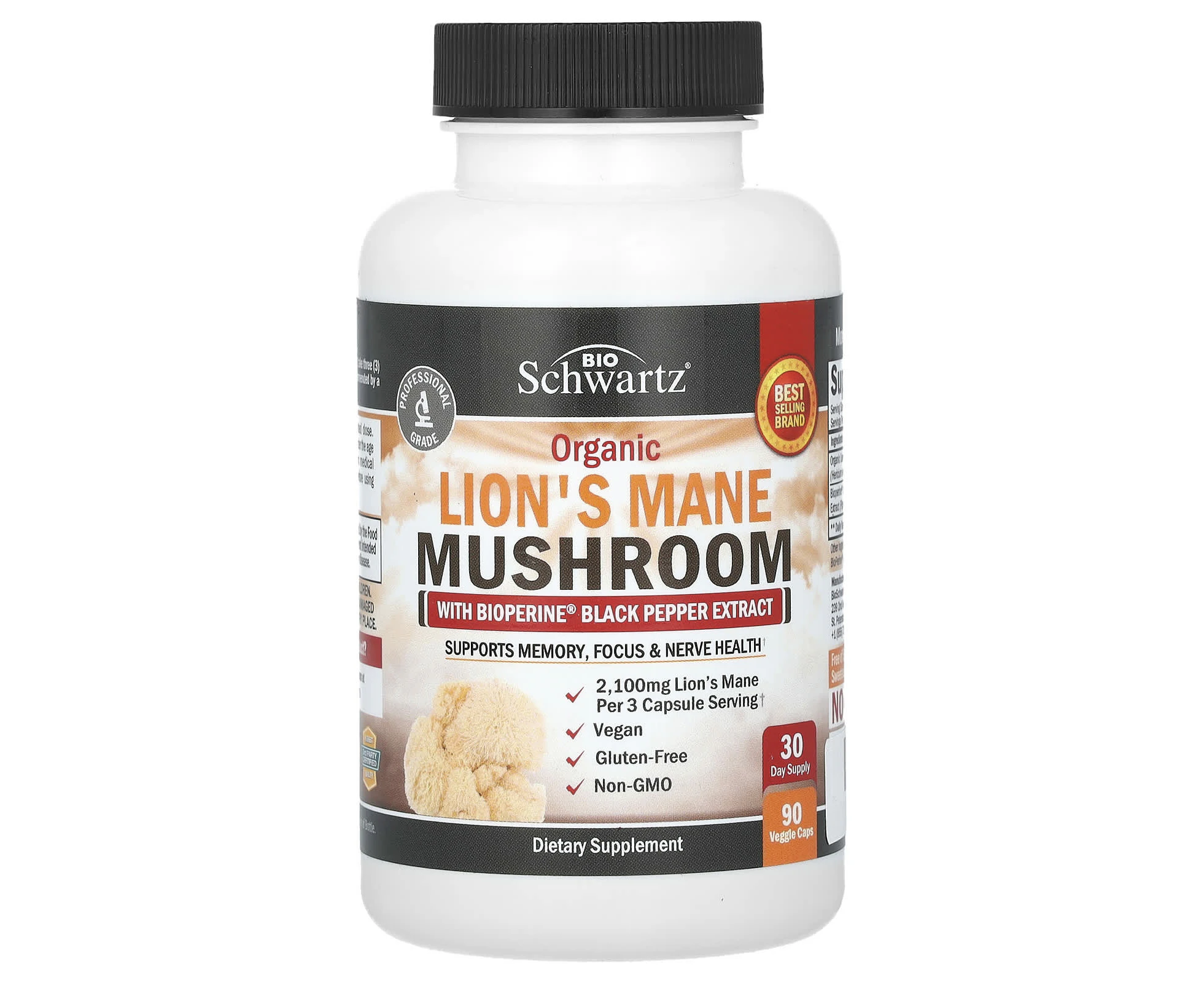 BioSchwartz, Organic Lion's Mane Mushroom with Bioperine Black Pepper Extract, 90 Veggie Caps