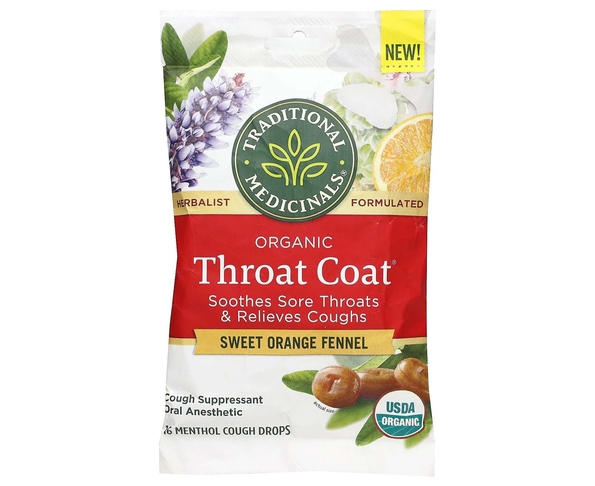 Traditional Medicinals, Organic Throat Coat Drops, Sweet Orange Fennel, 16 Menthol Cough Drops