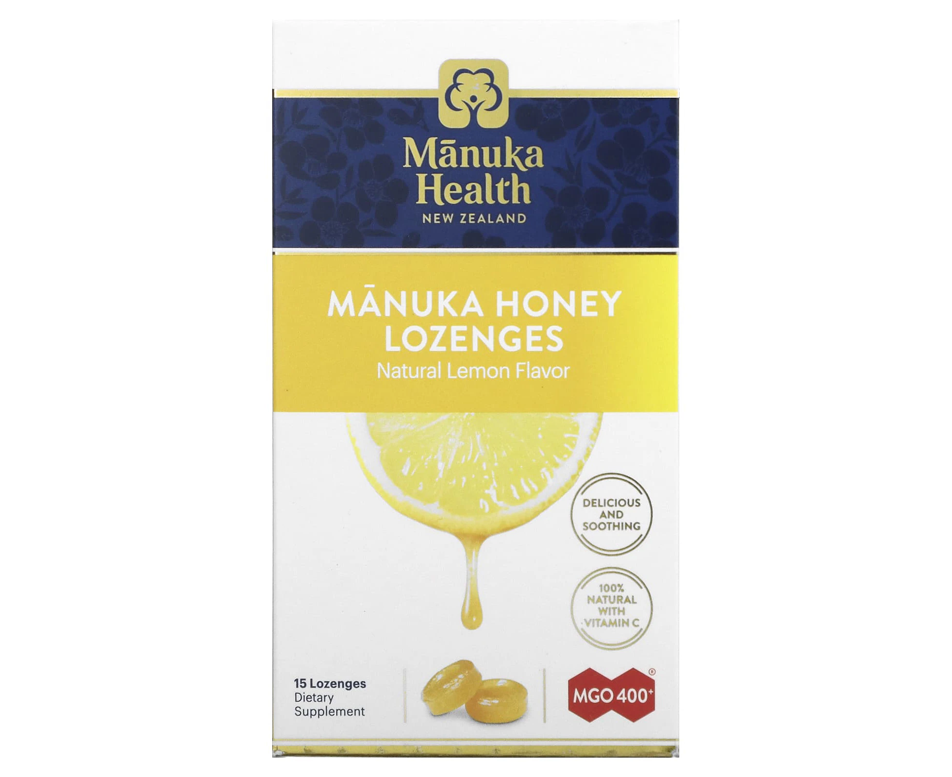 Manuka Health, Manuka Honey Lozenges, Natural Lemon, MGO 400+, 15 Lozenges