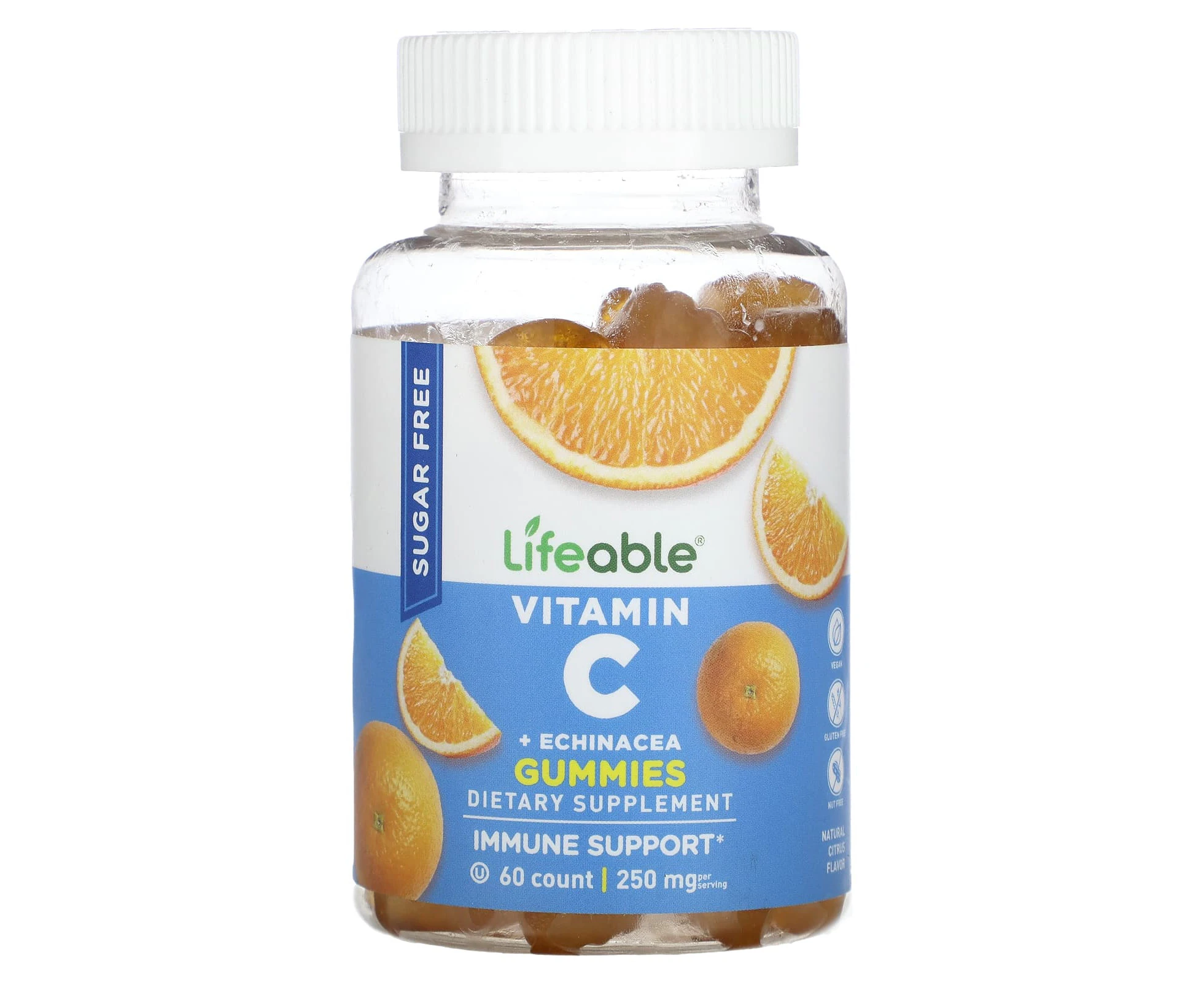 Lifeable, Vitamin C + Echinacea Gummies, Sugar Free, Natural Citrus, 250 mg, 60 Gummies (125 mg per Gummy)