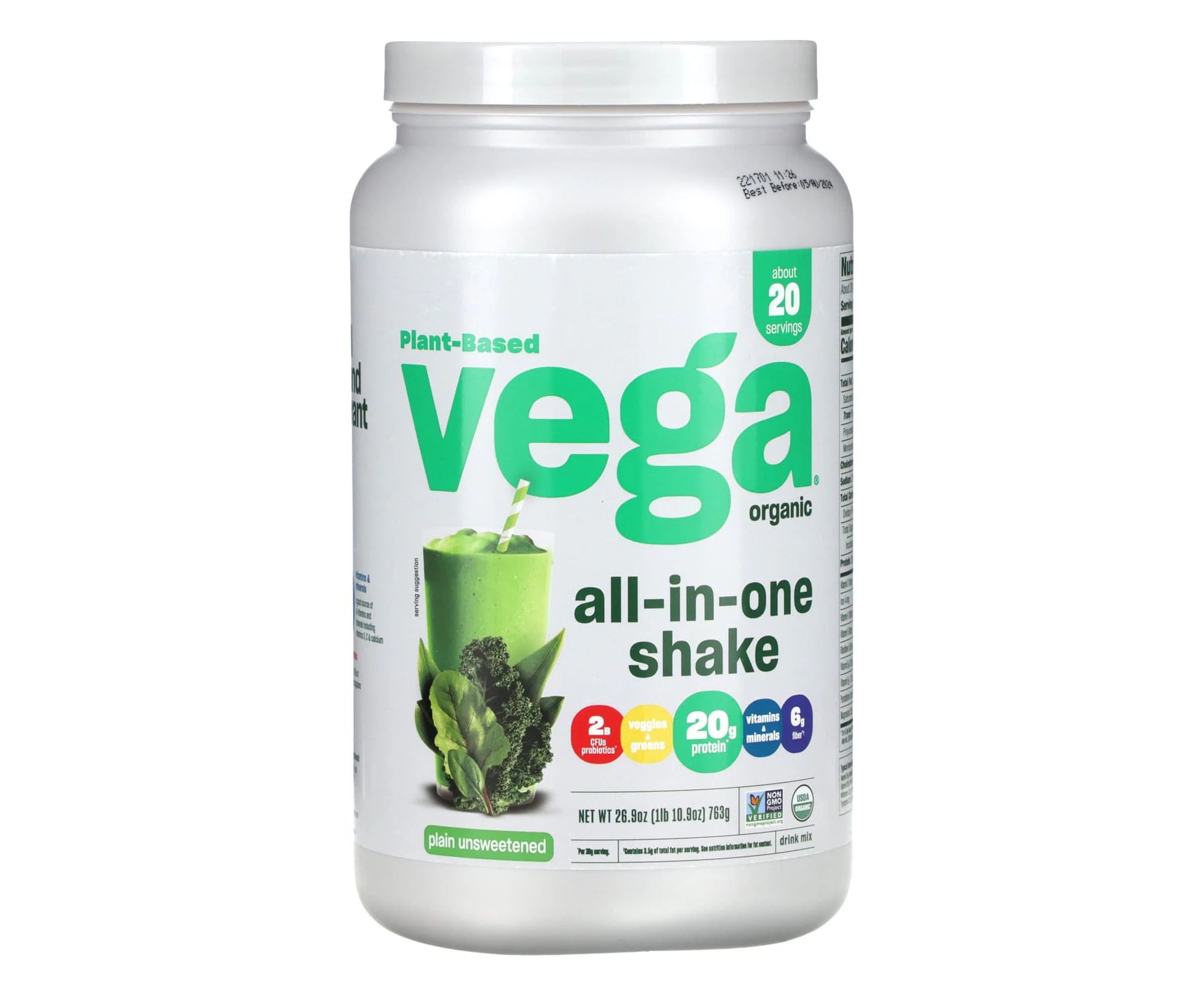 Vega, Plant-Based, Organic All-In-One Shake, Plain Unsweetened, 26.9 oz (763 g)