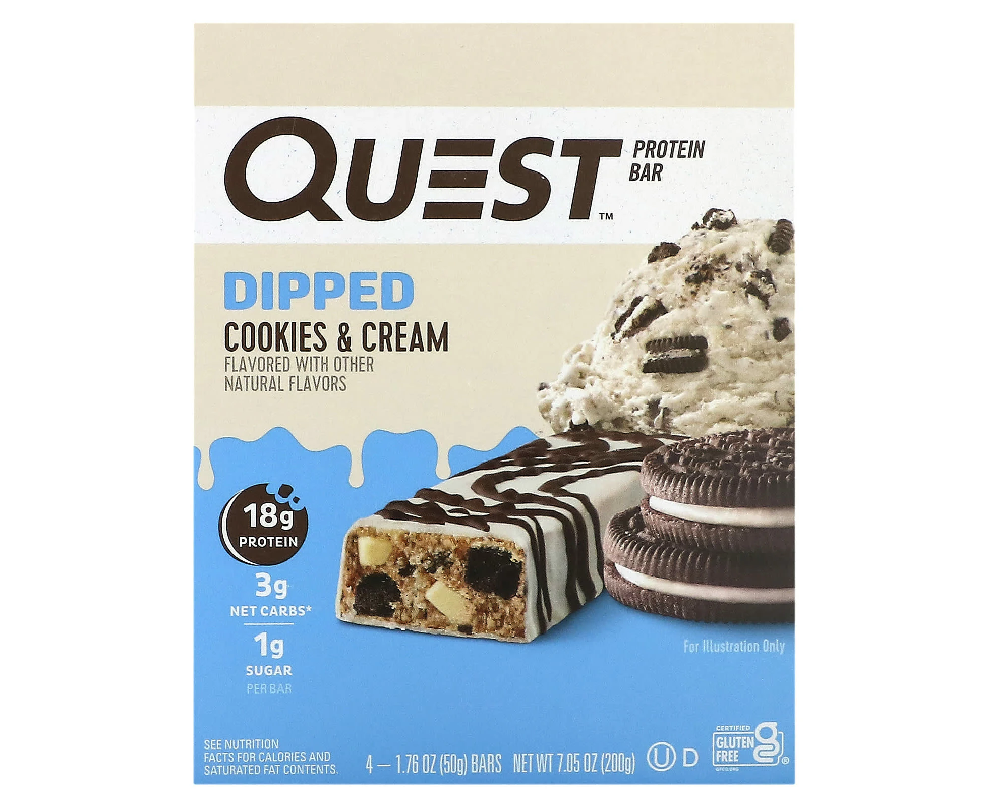 Quest Nutrition, Protein Bar, Dipped Cookies & Cream, 4 Bars, 1.76 oz (50 g) Each