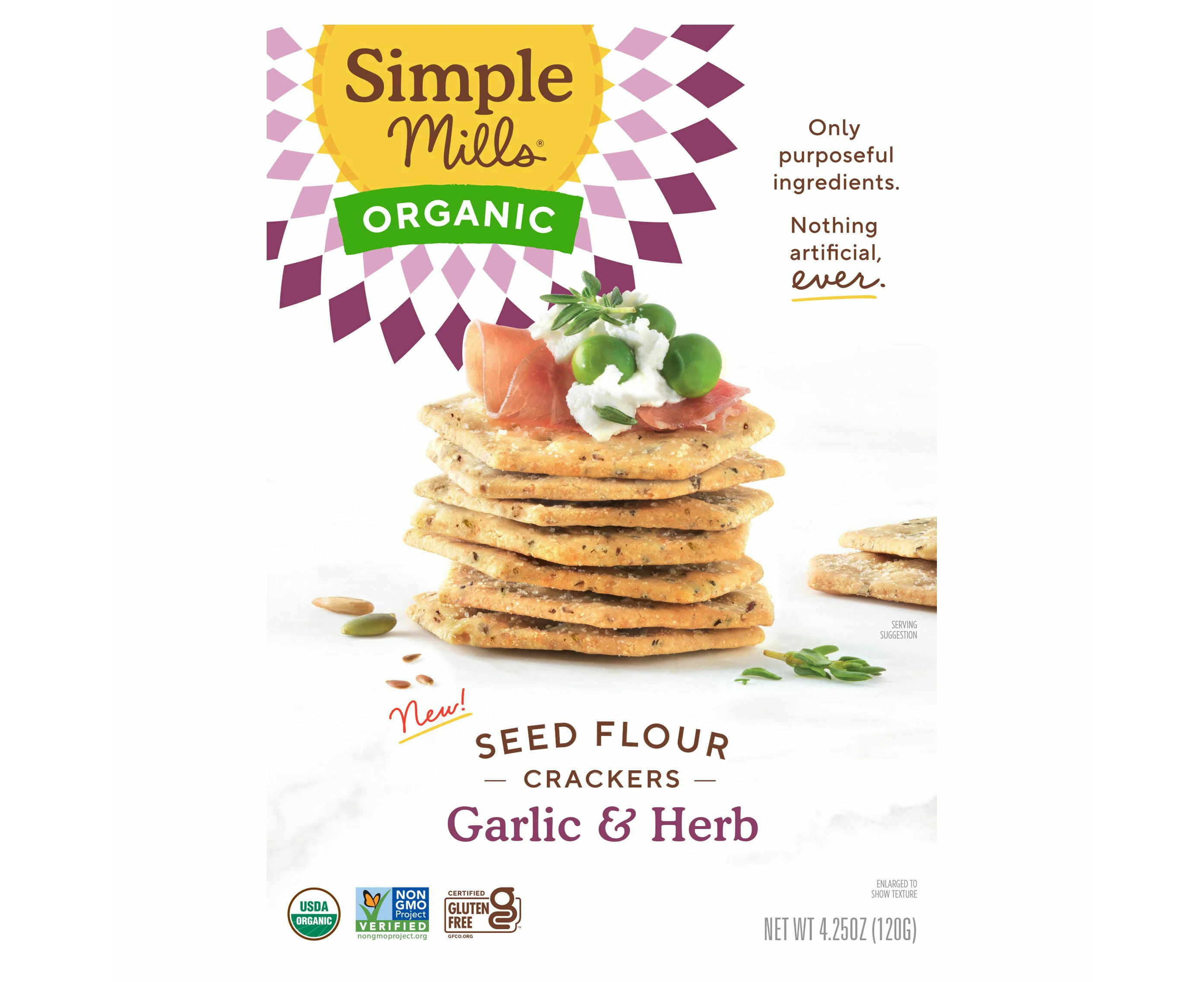 Simple Mills, Organic Seed Flour Crackers, Garlic & Herb, 4.25 oz (120 g)