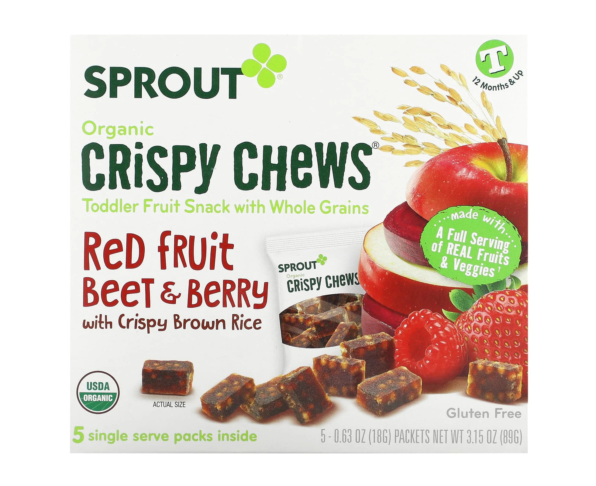 Sprout Organics, Organic Crispy Chews, 12 Months & Up, Red Fruit Beet & Berry with Crispy Brown Rice, 5 Packets, 0.63 oz (18 g) Each