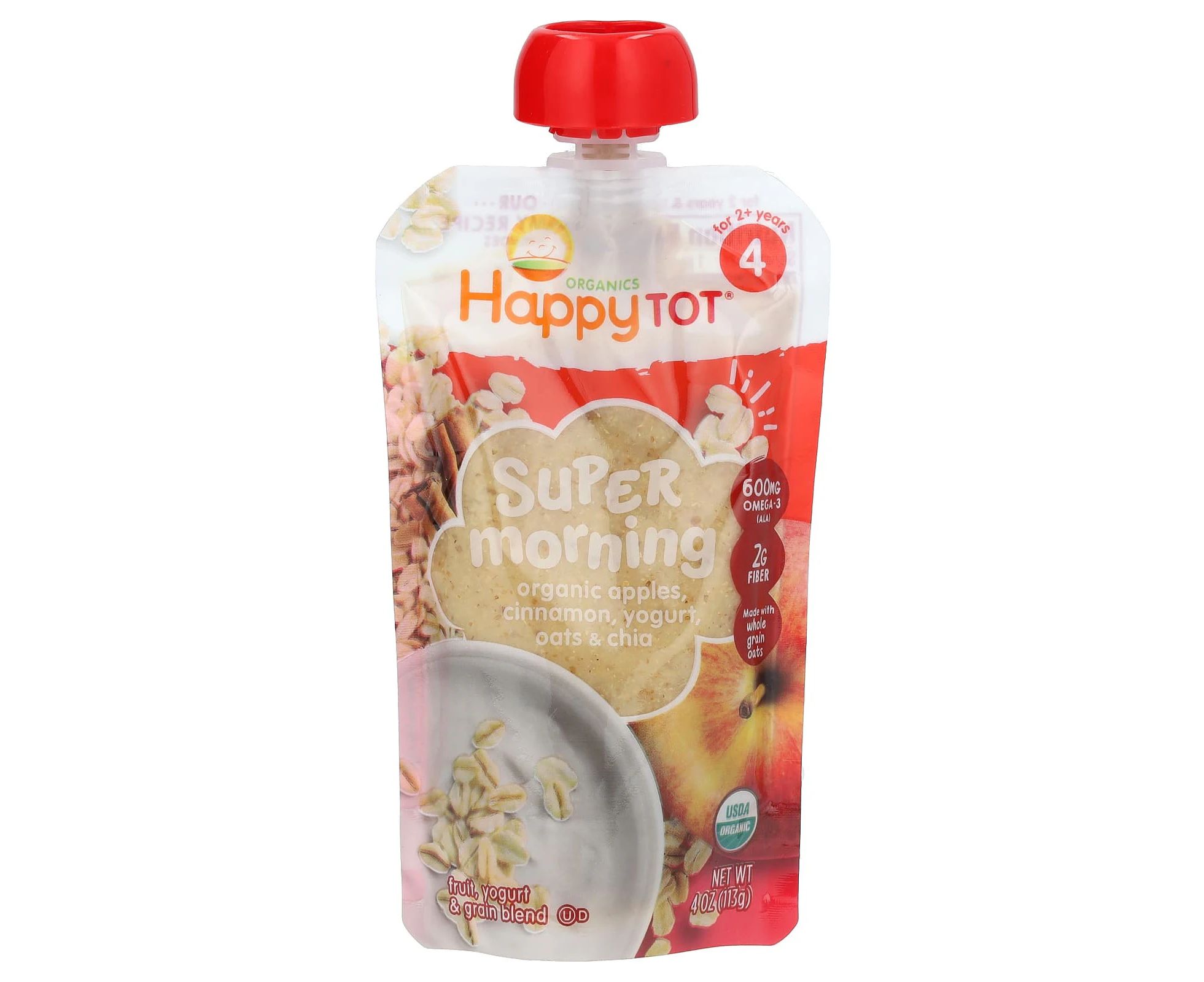 Happy Family Organics, Happy Tot, Super Morning, For 2+ Years, Organic Apples, Cinnamon, Yogurt, Oats & Chia, 4 oz (113 g)