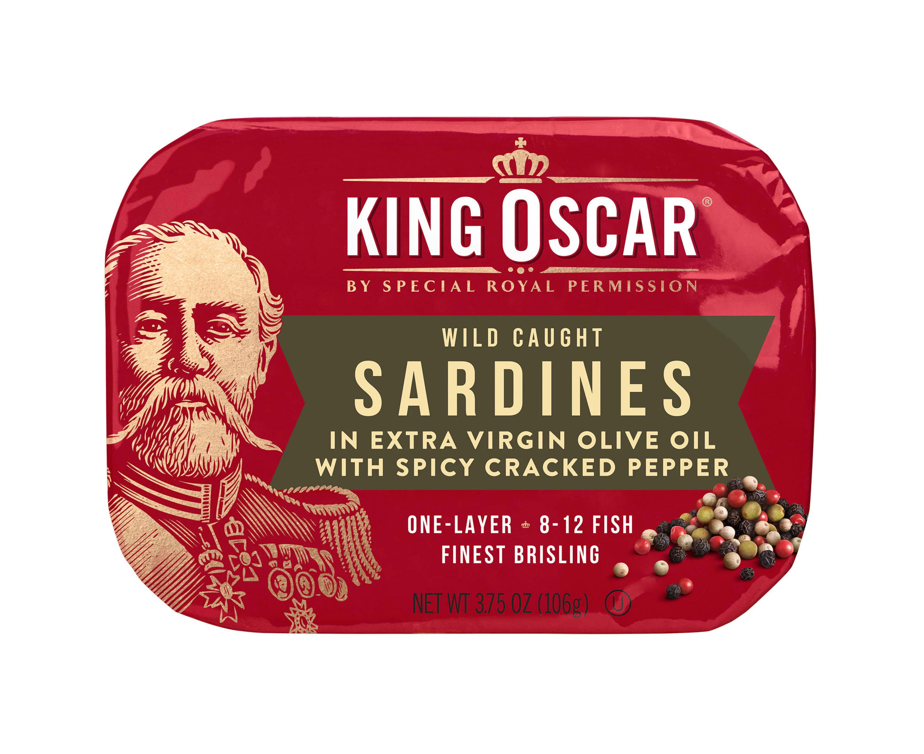 King Oscar, Wild Caught, Sardines In Extra Virgin Olive Oil, With Spicy Cracked Pepper, One Layer, 3.75 oz (106 g)