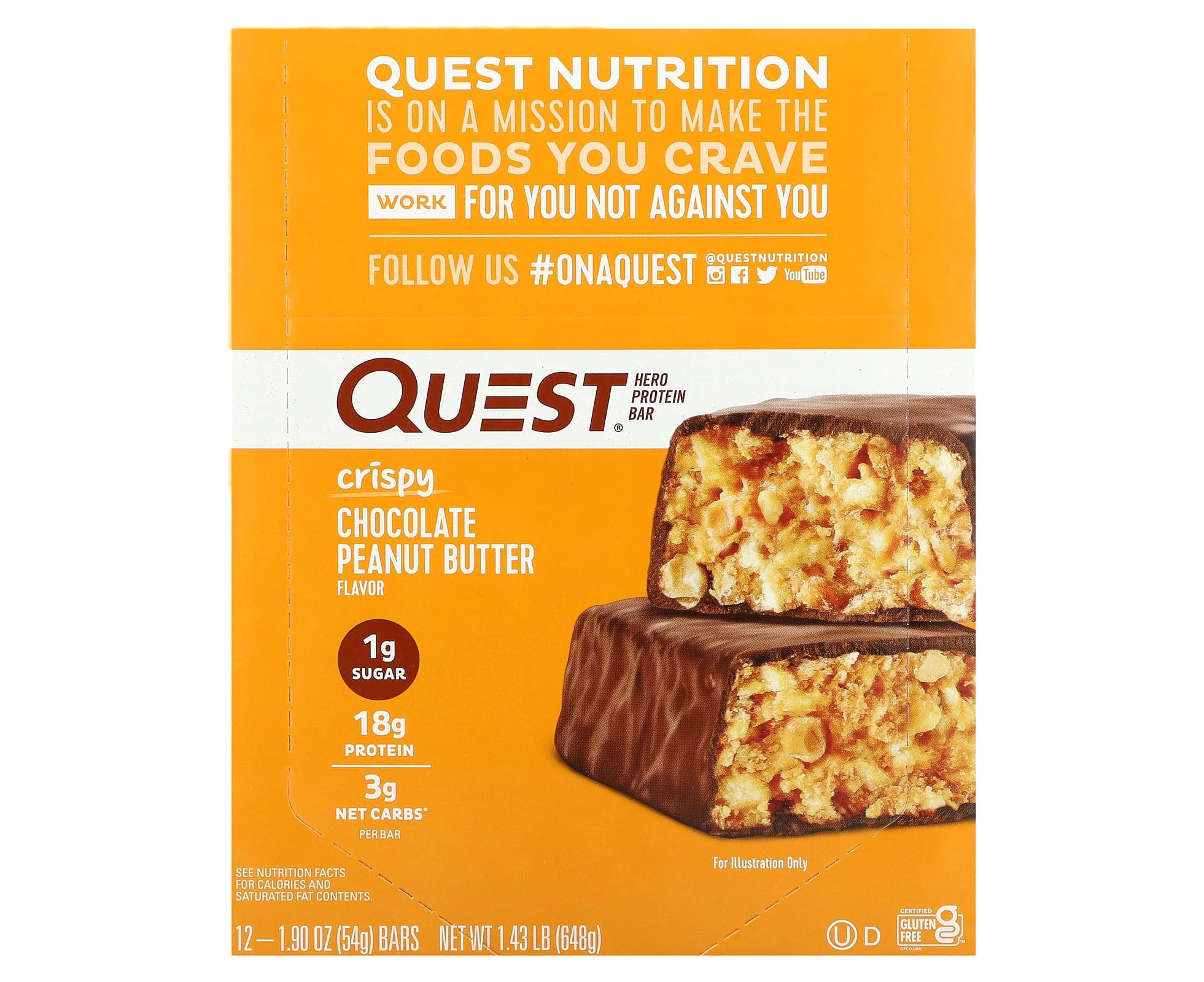 Quest Nutrition, Hero Protein Bar, Crispy Chocolate Peanut Butter, 12 Bars, 1.9 oz (54 g) Each