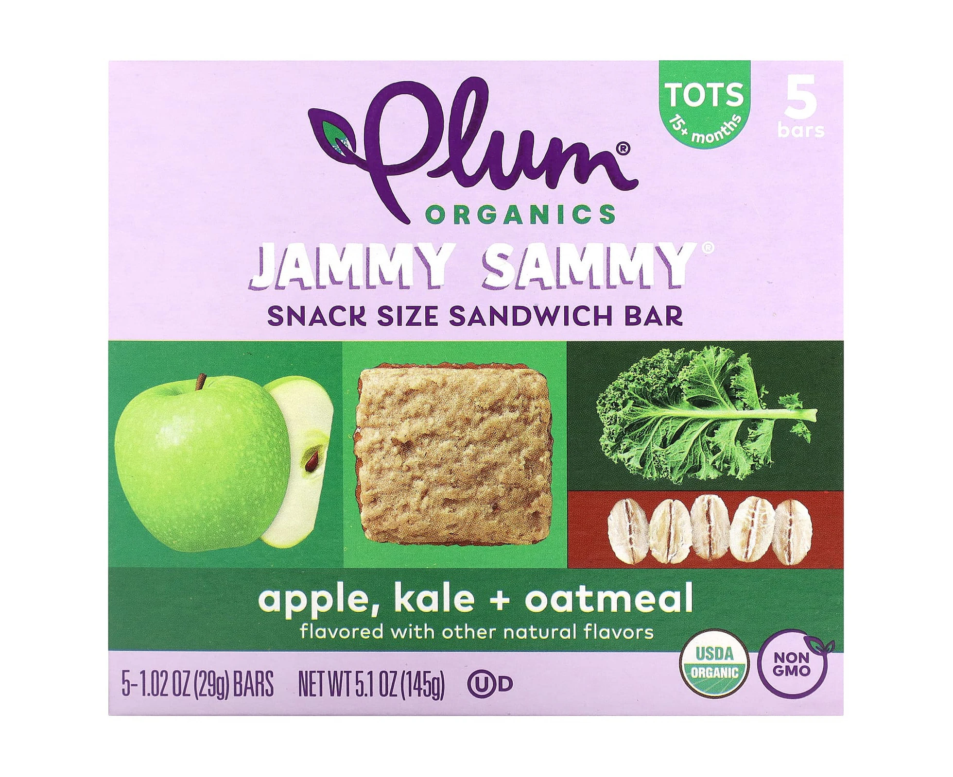 Plum Organics, Jammy Sammy, Snack Size Sandwich Bar, 15 Months and Up, Apple, Kale + Oatmeal, 5 Bars, 1.02 oz (29 g) Each